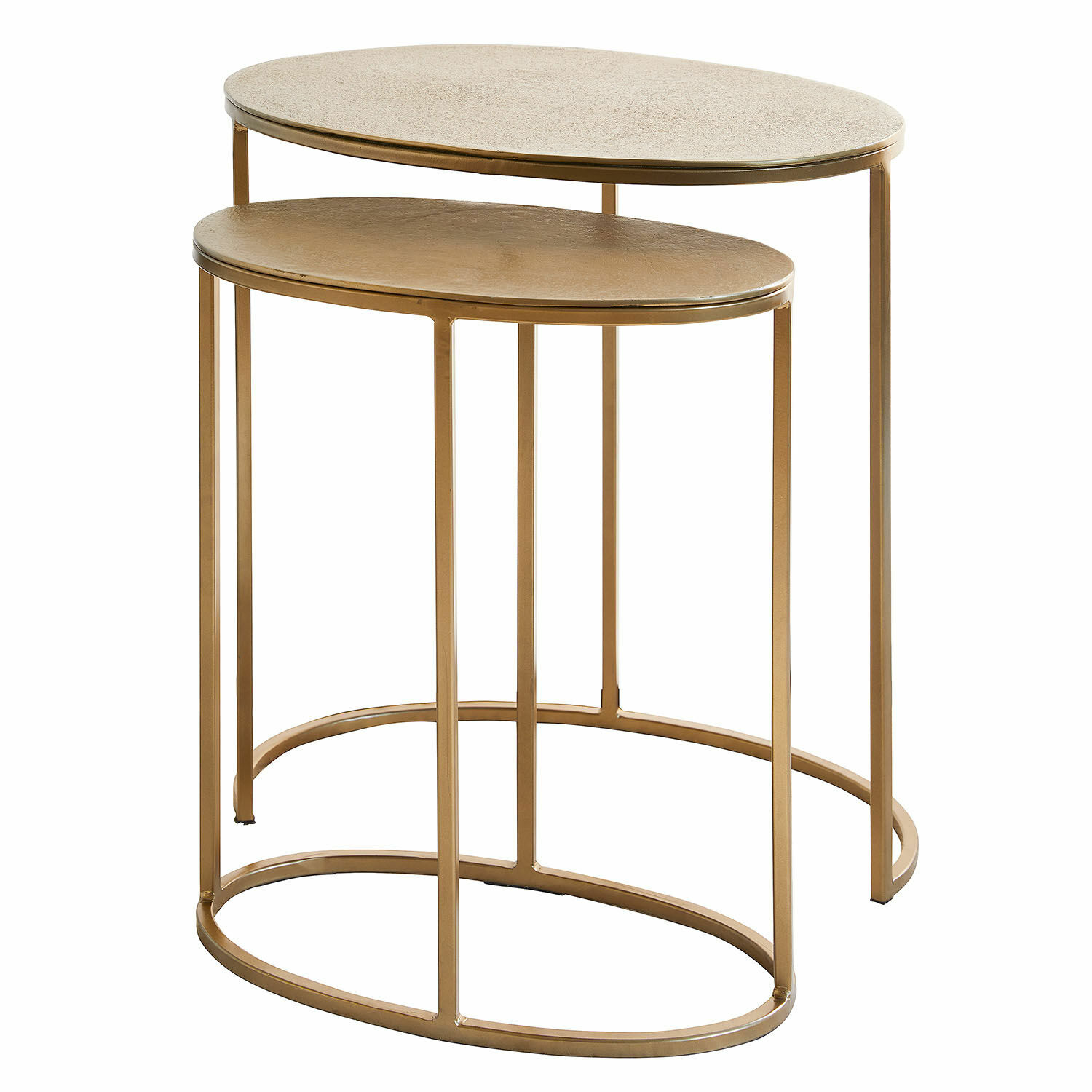 Set aus zwei goldfarbenen Beistelltischen mit Metallrahmen und ovaler Tischplatte, modernes Design