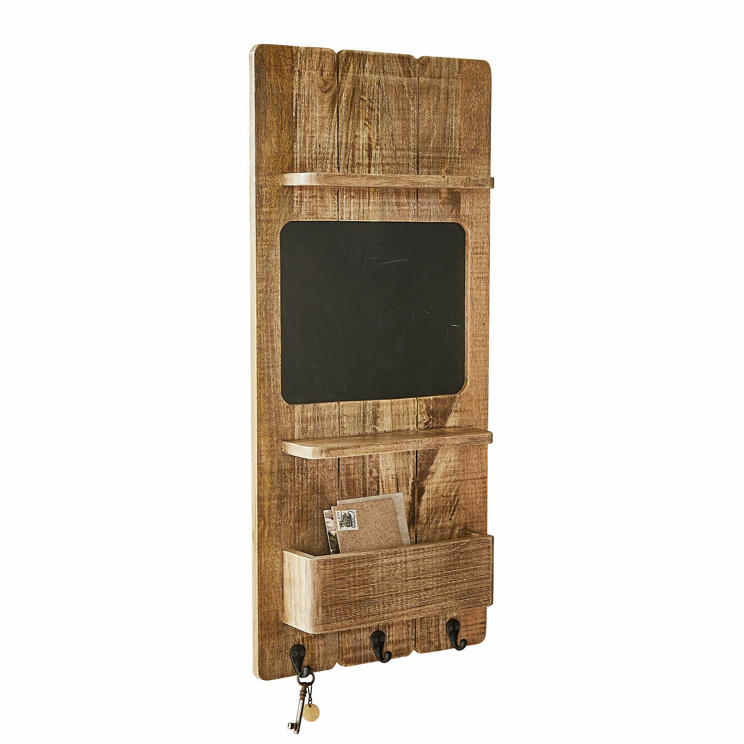 Wand-Organizer Seraphique Wandtafel aus Holz mit schwarzer Kreidetafel, Ablagen und schwarzen Haken für Schlüssel