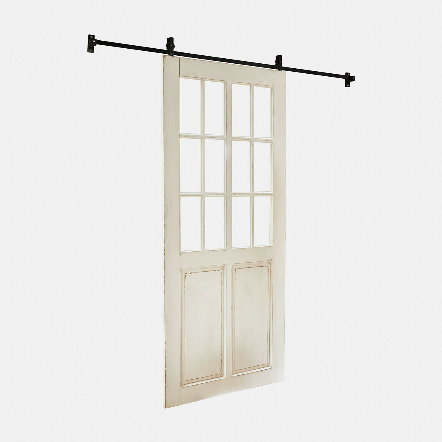 Schiebetür Sorelles in antikweiß mit Holzpaneelen und Fenstereinsätzen für Wohnräume