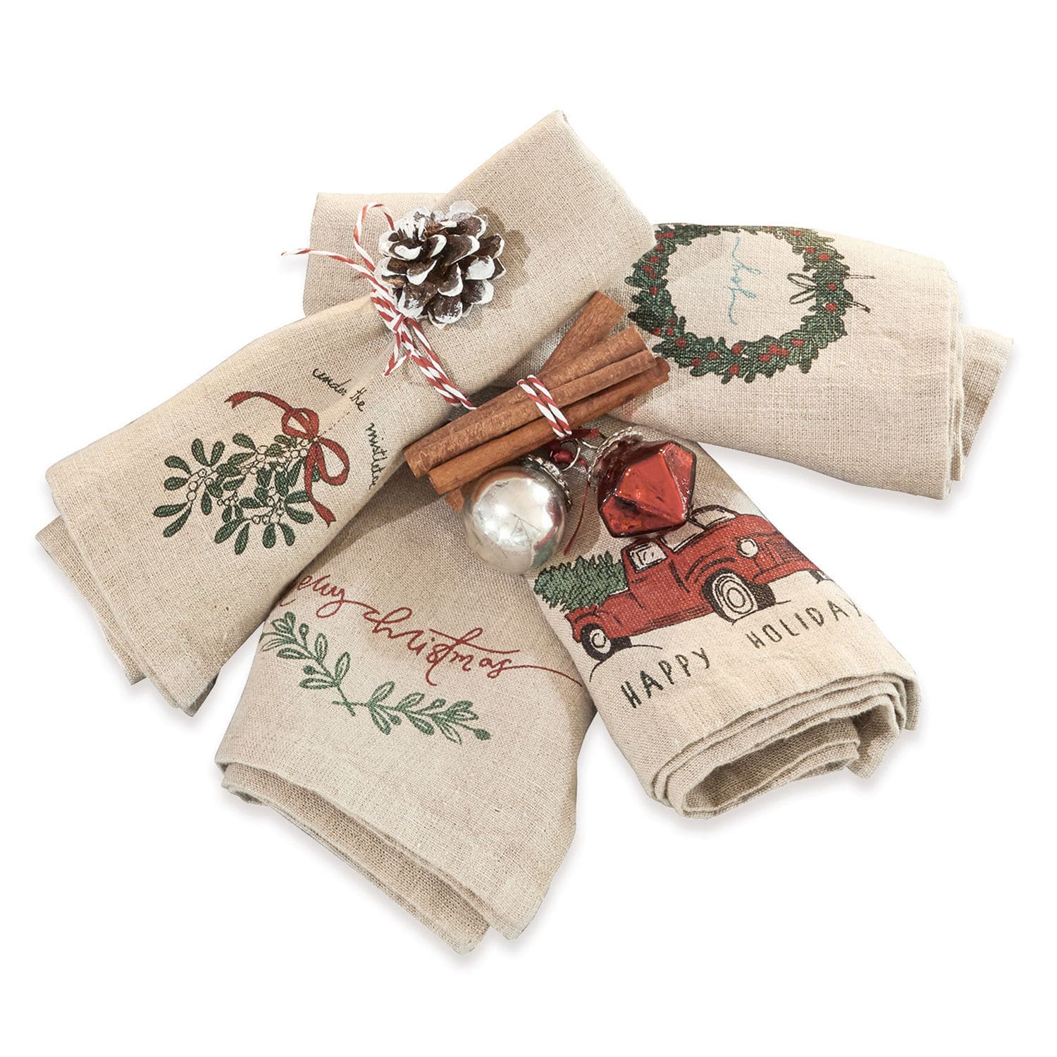 Serviette 4er Set Camon Leinen-Geschirrtücher mit Weihnachtsmotiven in Rot und Grün, festliche Küchendekoration