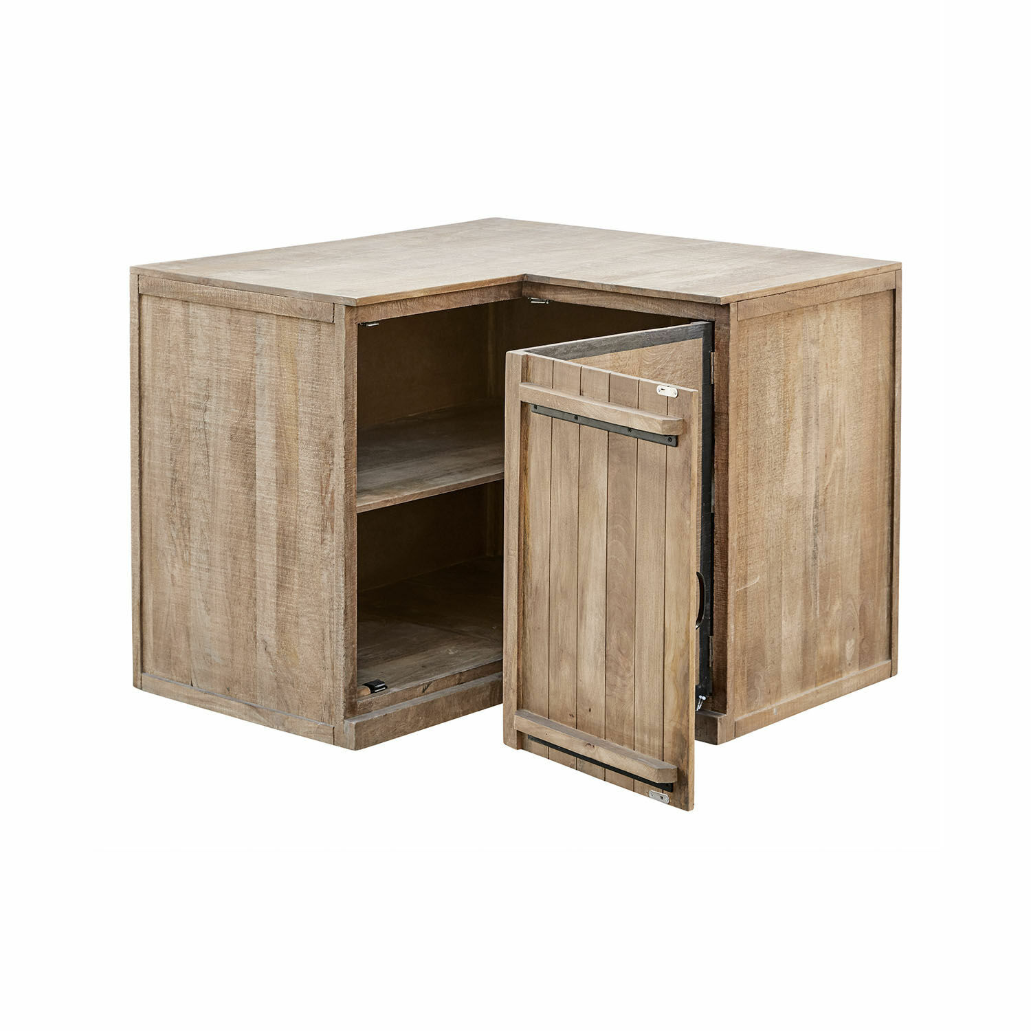 Eckschrank aus natürlichem Mangoholz mit Regal und aufklappbarer Tür für Stauraum