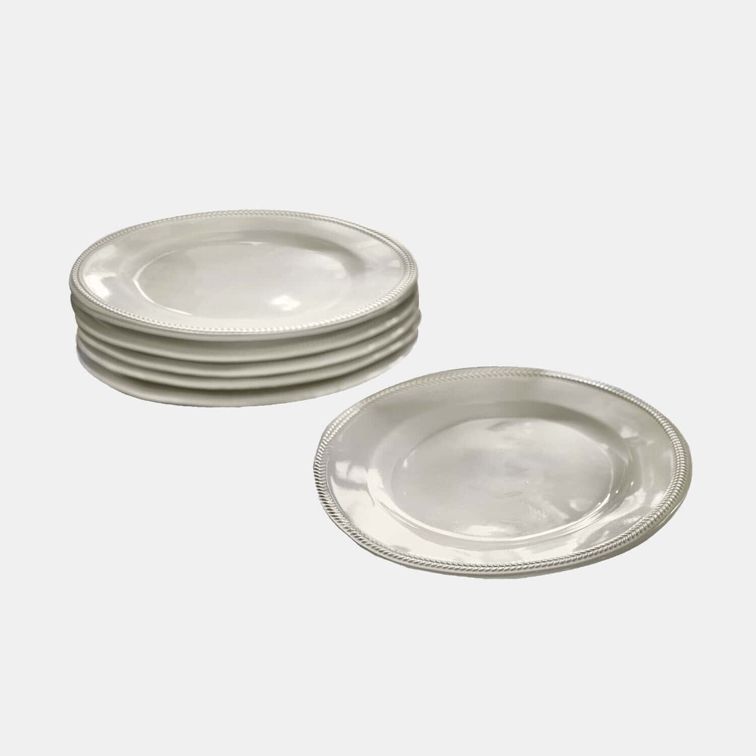 Set weiße Keramikteller mit dekorativem Rand, ideal zum eleganten Servieren von Speisen