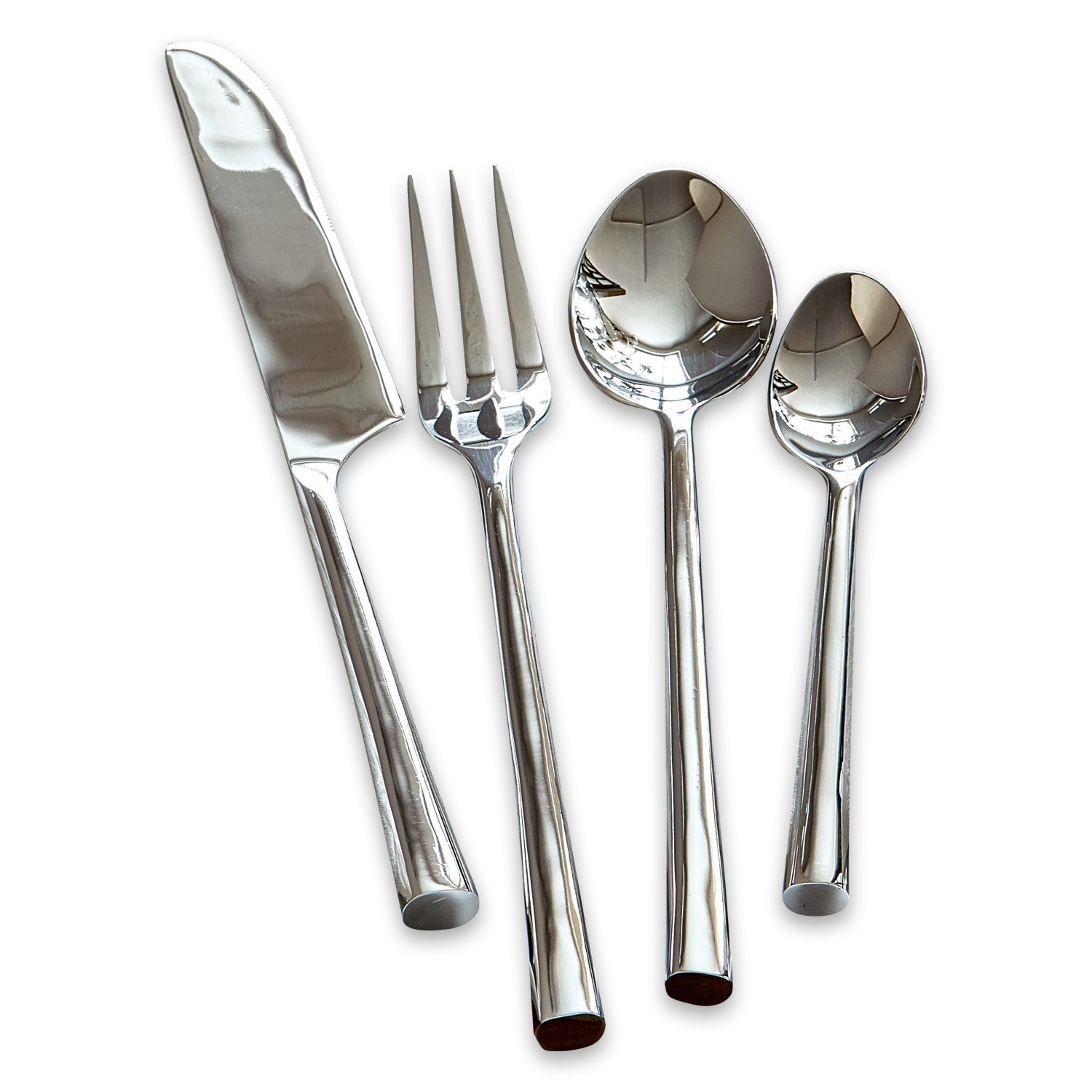 Besteckset aus silbernem Edelstahl mit Messer, Gabel und zwei Löffeln
