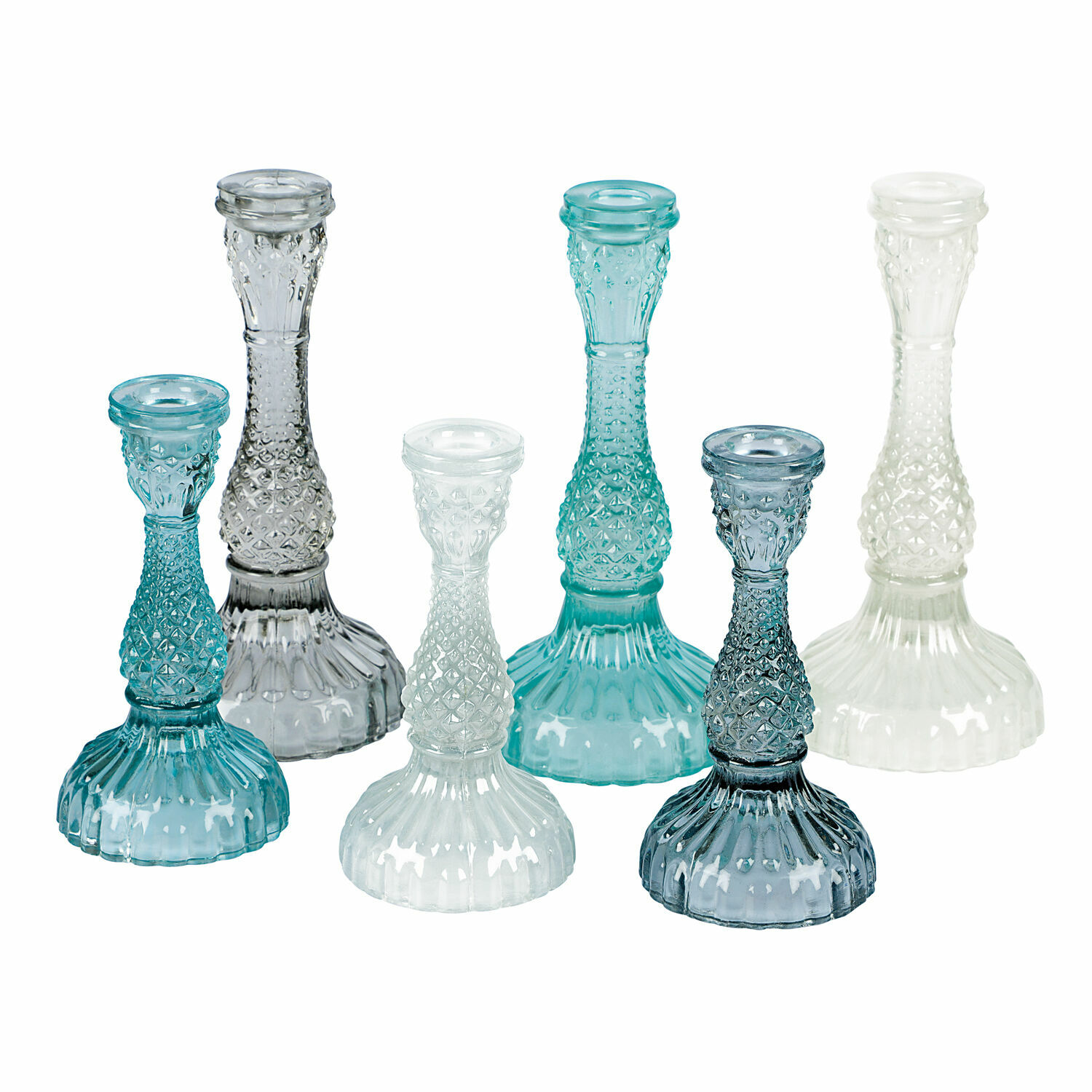 6-teiliges Moana Kerzenständer-Set aus blauem und weißem Glas, stilvolle Tischdekoration