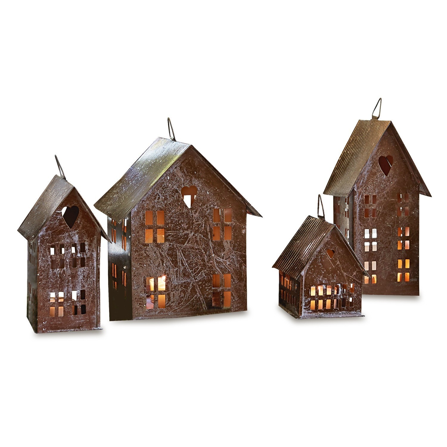 Laterne 4er Set Treyford Vier rostfarbene Metall-Laternen in Hausform mit ausgeschnittenen Fenstern und Herzmotiven