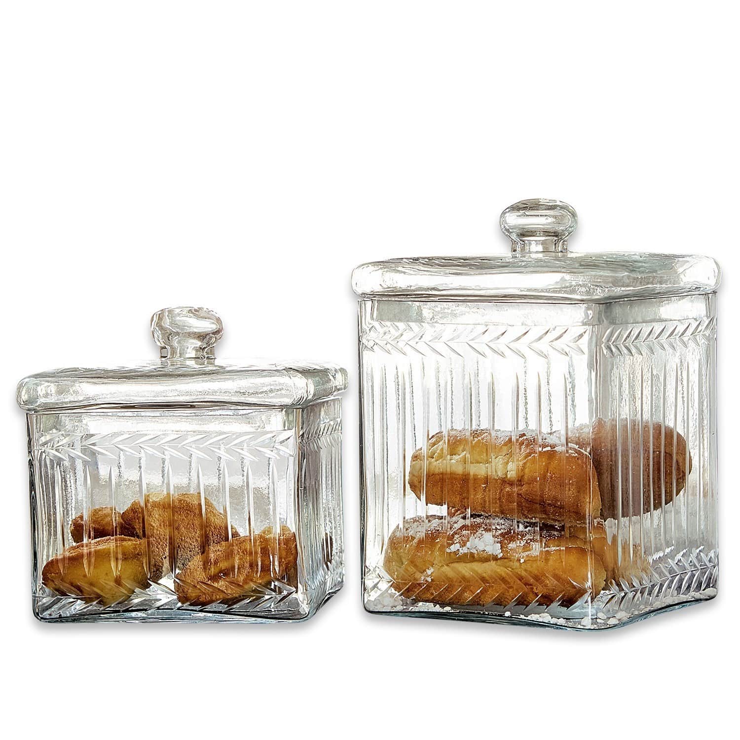 Set aus zwei transparenten Glasbehältern mit Deckeln für Brot und Gebäck