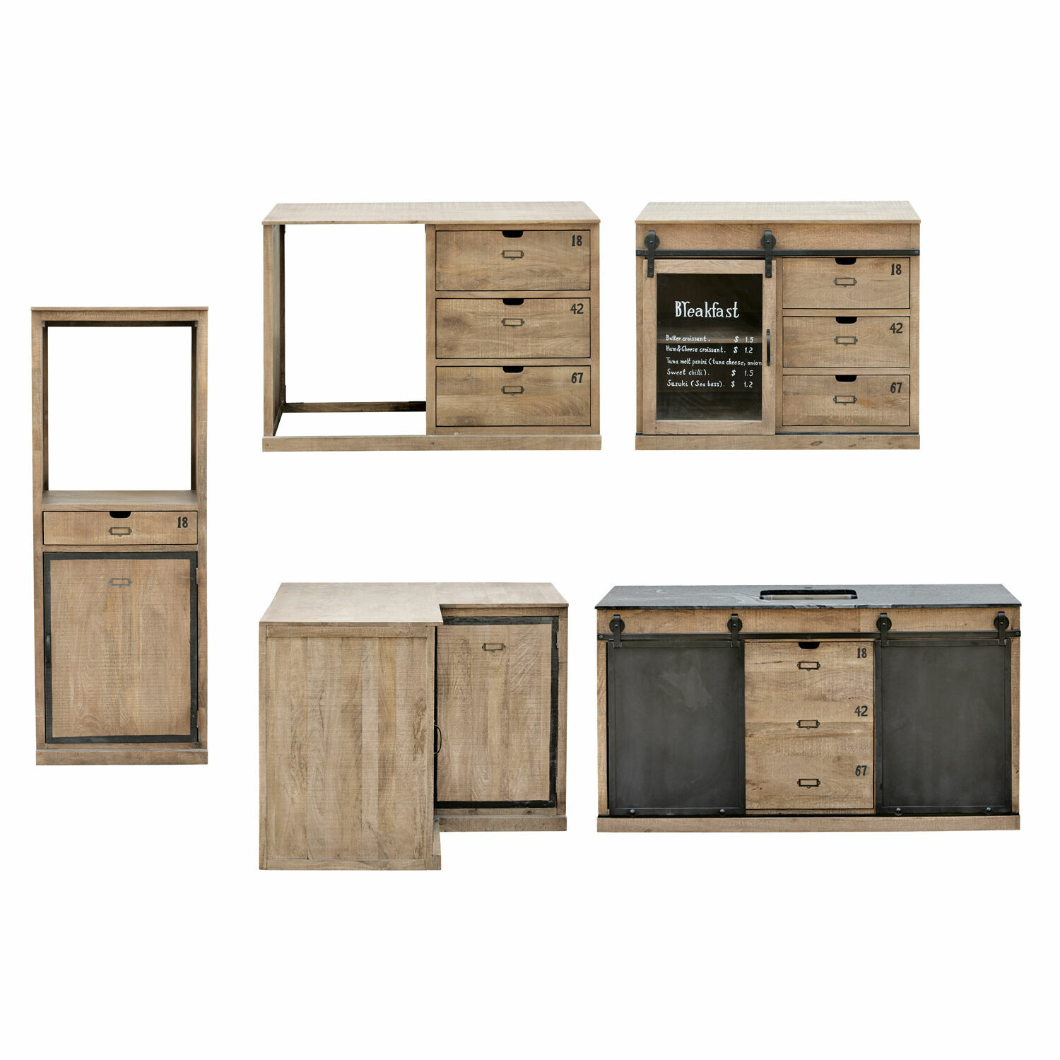 Möbelset aus Holz und Metall in Naturfarbe, Schränke und Schreibtisch für Stauraum und Arbeit