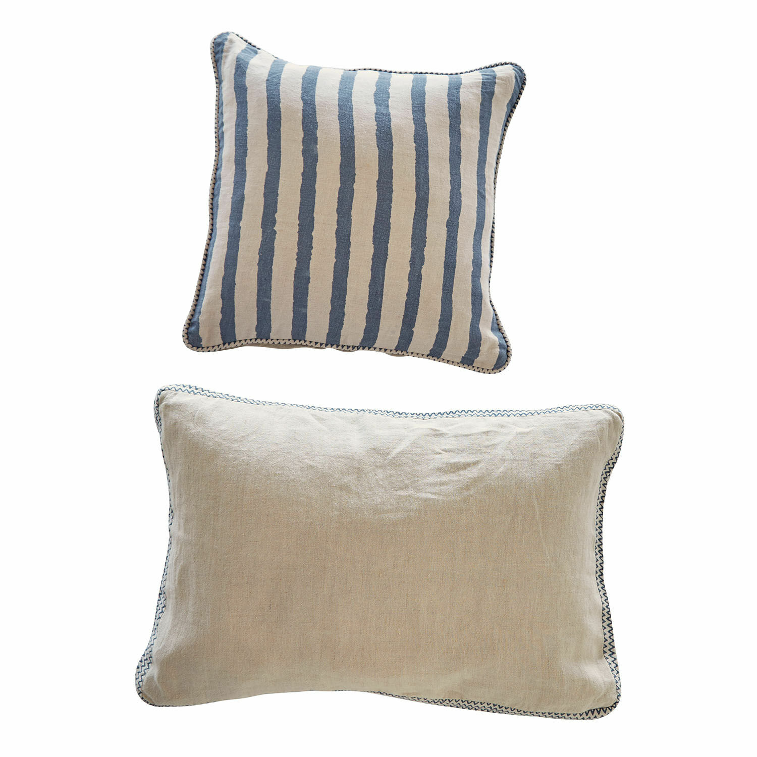 Kissenhülle 2er Set Alarindor Set aus zwei dekorativen Baumwollkissen in Beige und Blau mit Streifenmuster für Wohnzimmer