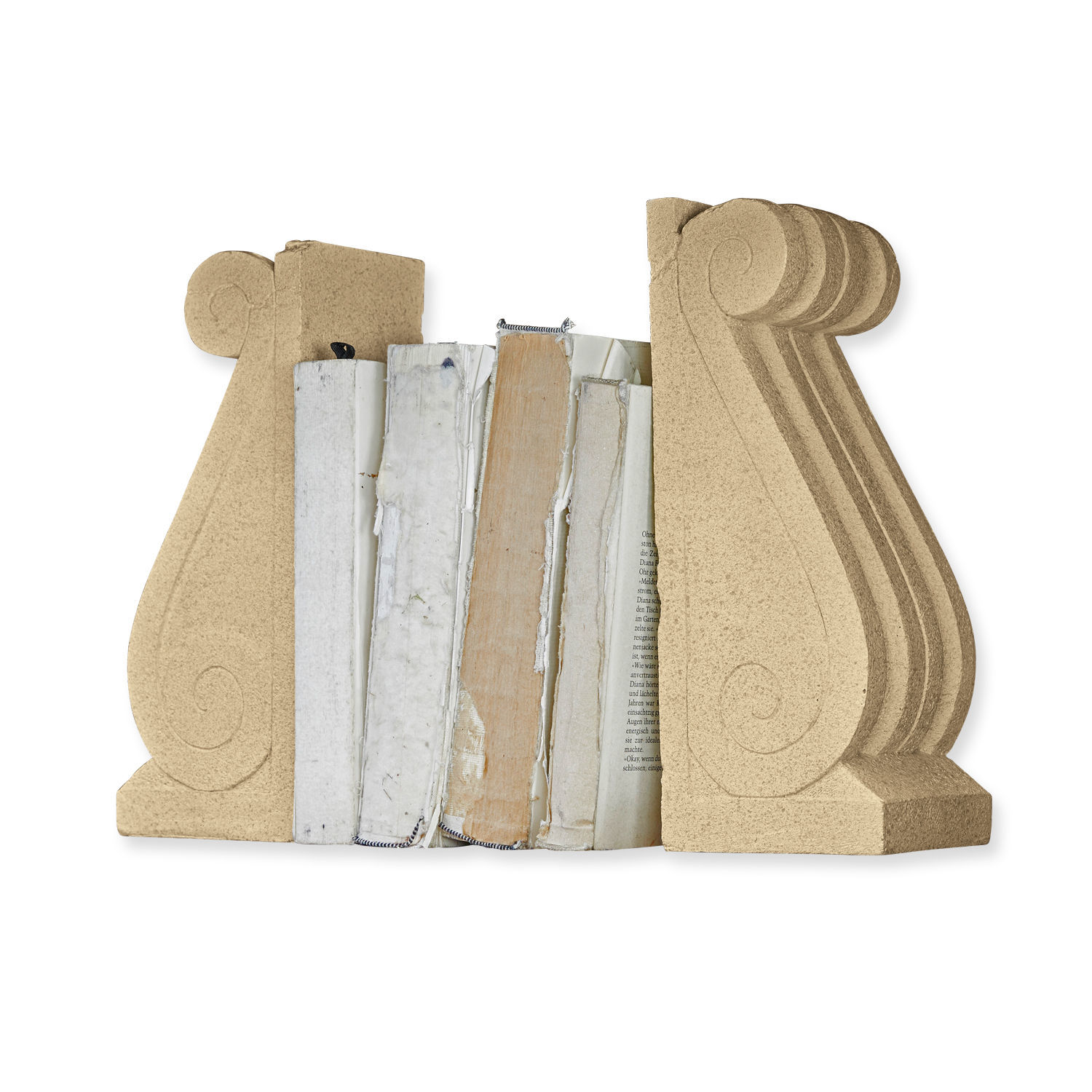 Paar beige Buchstützen aus dekorativem Stein mit verziertem Muster für Bücherregal