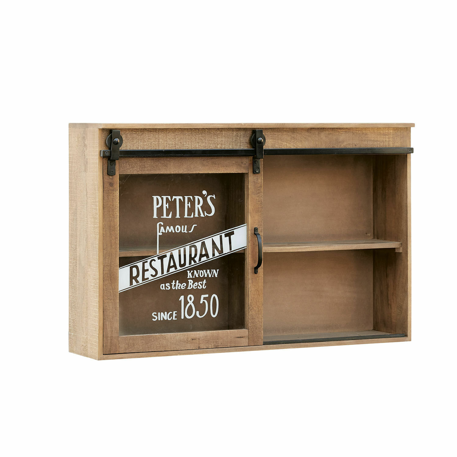Wandregal aus Holz mit Schiebetür aus Glas und Vintage-Restaurant-Schriftzug in Braun