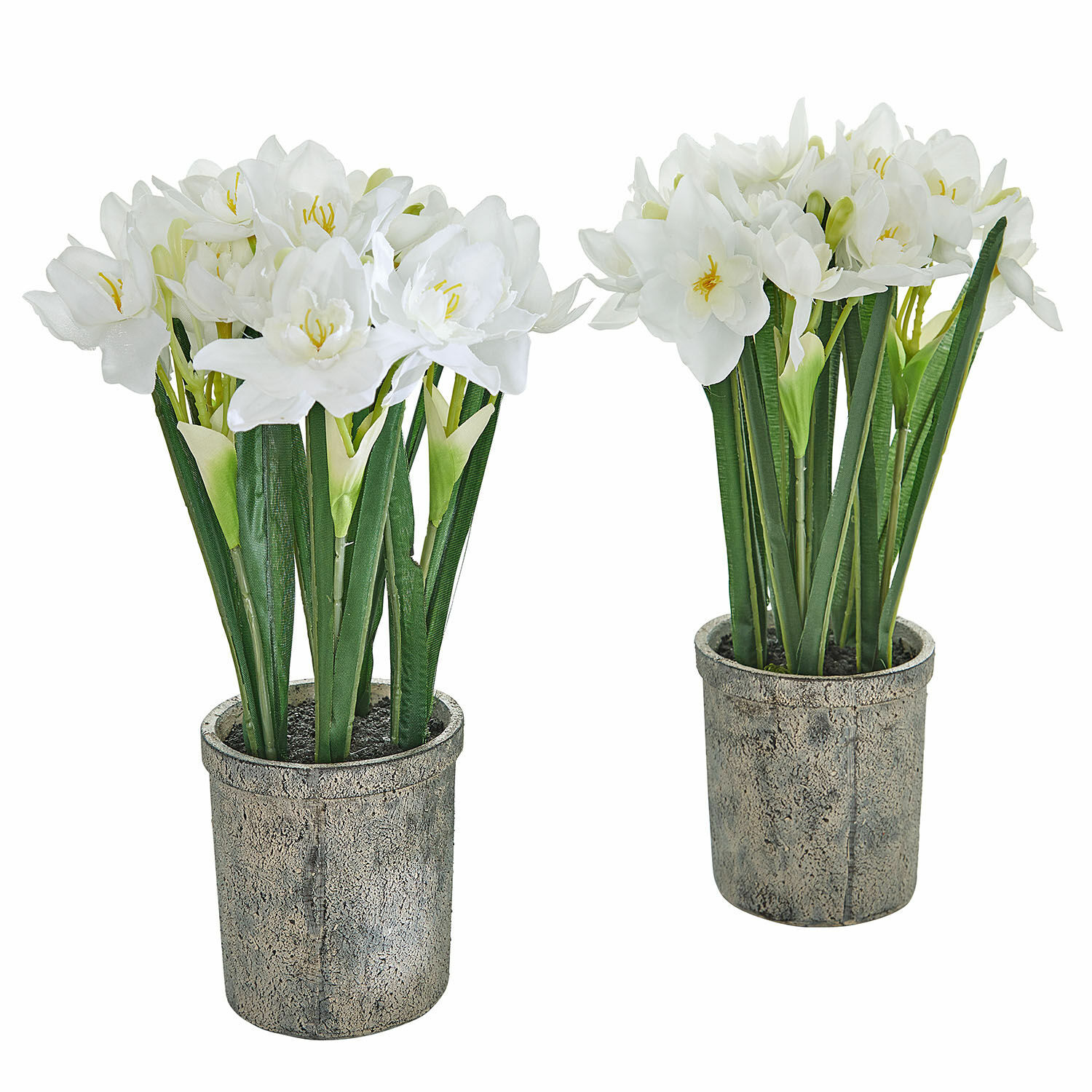 Deko-Blume 2er Set Soralen Künstliche weiße Blumen in grauem Steintopf, grüne Blätter, Dekoration für Innenräume