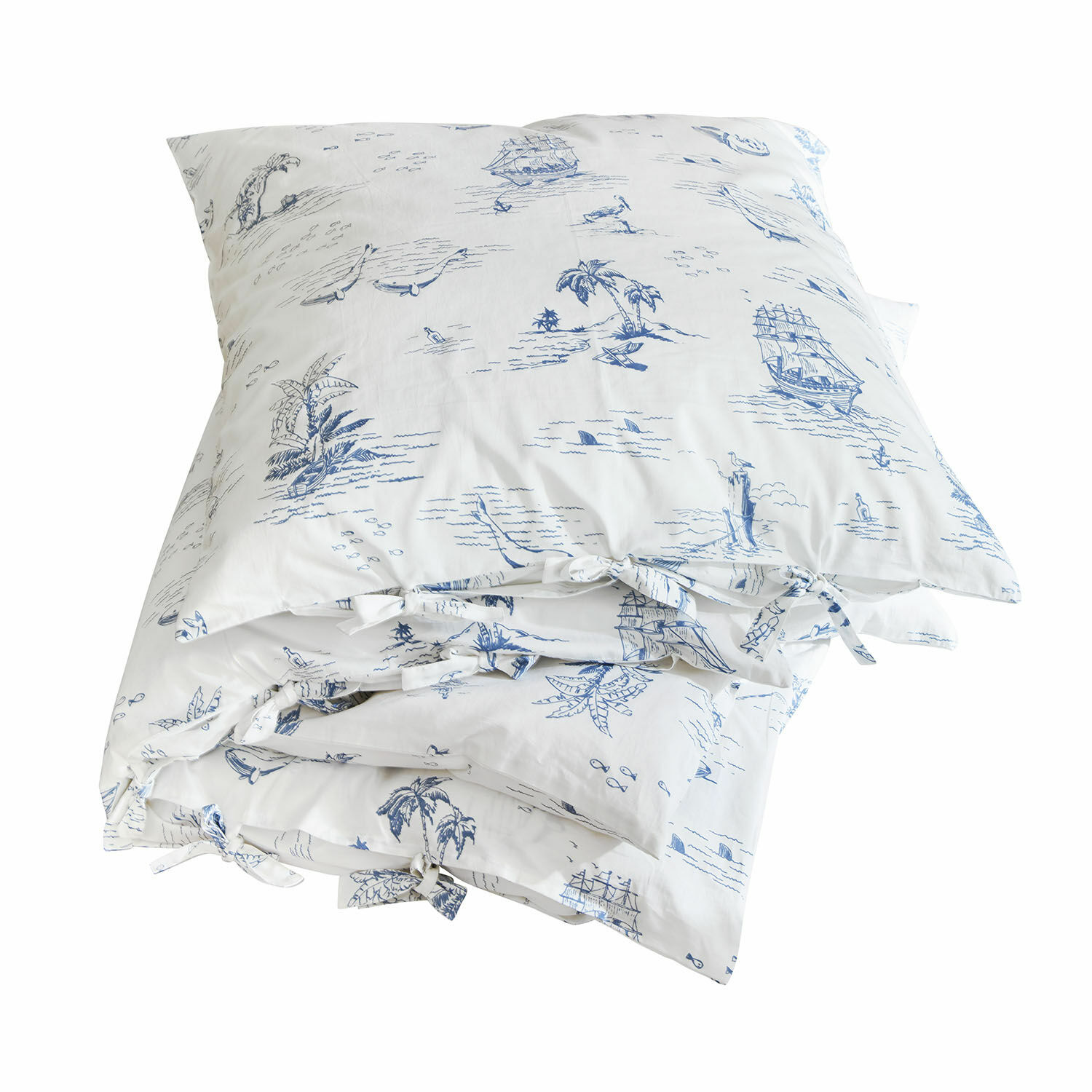 Bettwäsche Douxie Bettwäsche aus Baumwolle in Weiß mit blauen maritimen Motiven, Segelschiffen und Palmen, dekorativ
