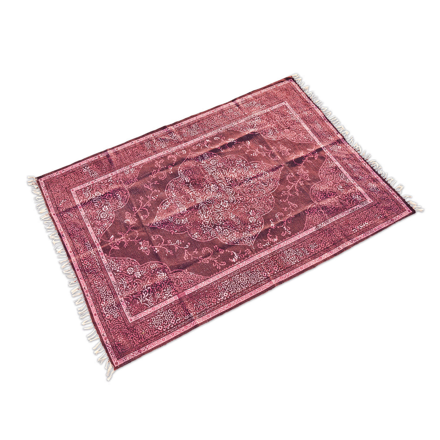 Roter Baumwollteppich mit orientalischem Muster und Fransen, Wohn- und Bodenbelag