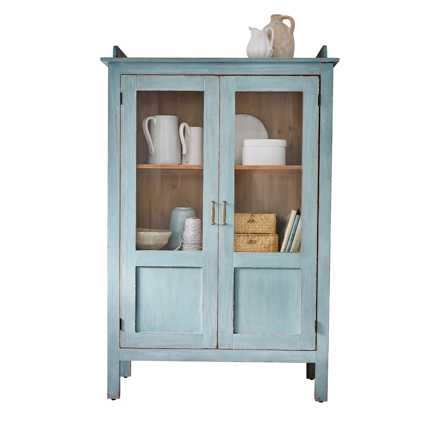 Vitrine Nouvellese Blauer Holzschrank mit Glastüren und dekorativem Geschirr im Inneren