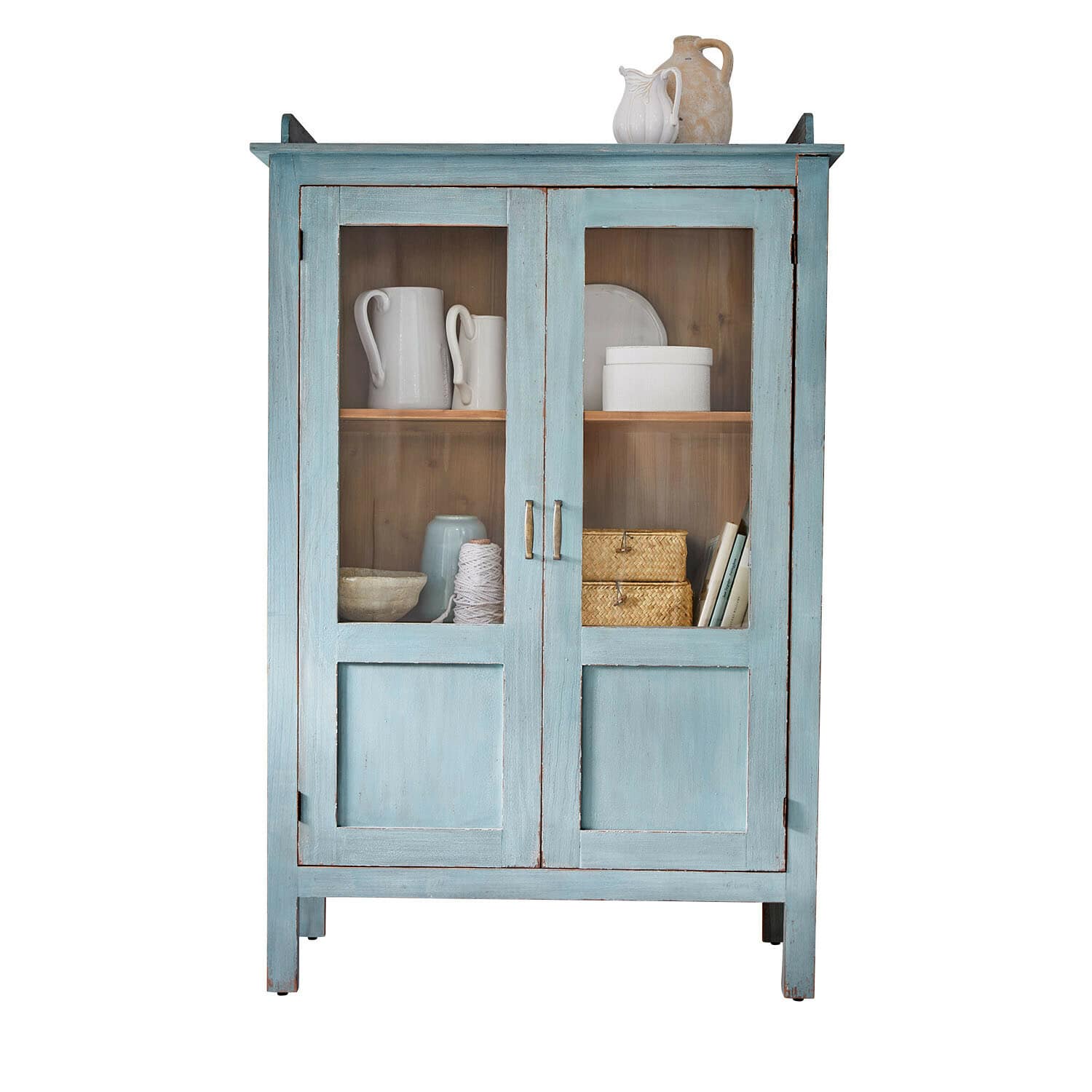 Vitrine Nouvellese Blauer Holzschrank mit Glastüren und dekorativem Geschirr im Inneren