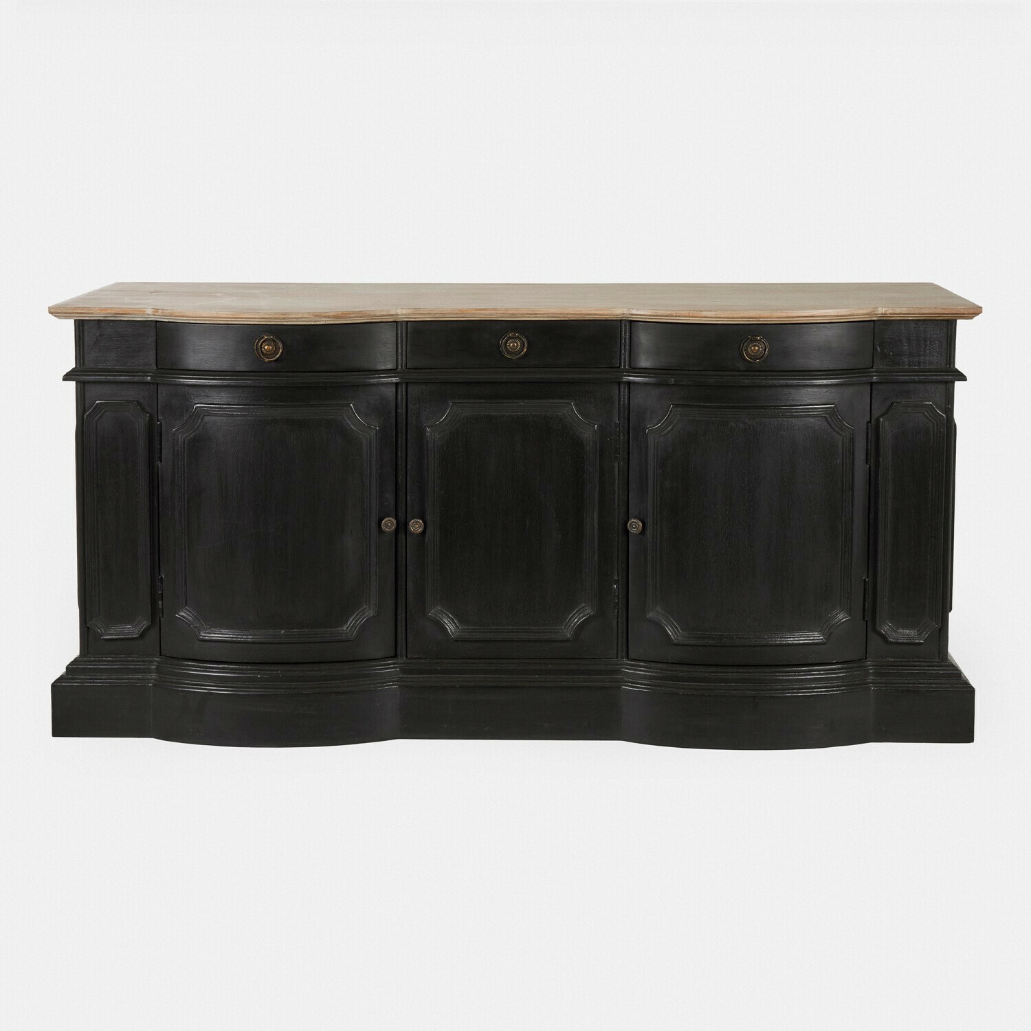 Sideboard Rélovine Schwarze Holzkommode mit hellem Holzplatte und dekorativen Türen, elegantes Wohnzimmermöbel