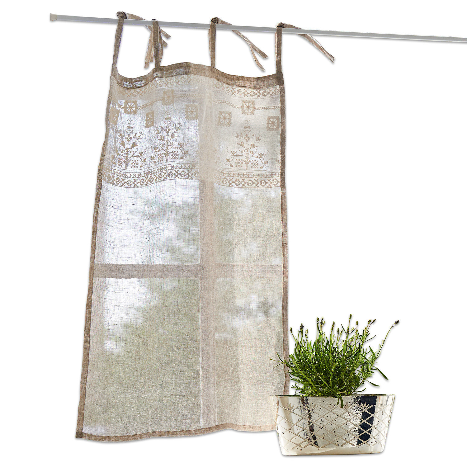 Beige Leinen-Gardine mit zartem Blumenmuster und Bindebändern, leichte Fensterdekoration