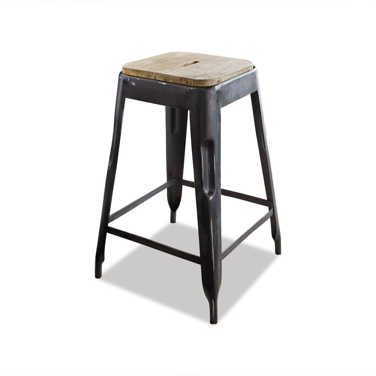 Industrieller Barhocker aus schwarzem Metall mit hellem Holzsitz, ideal für Küche und Bar