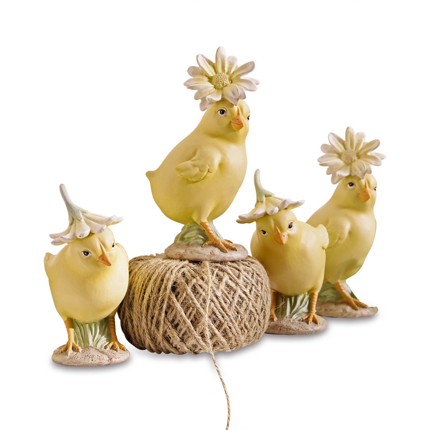 Set aus vier gelben Keramik-Küken mit Blumenhüten als Frühlingsdekoration