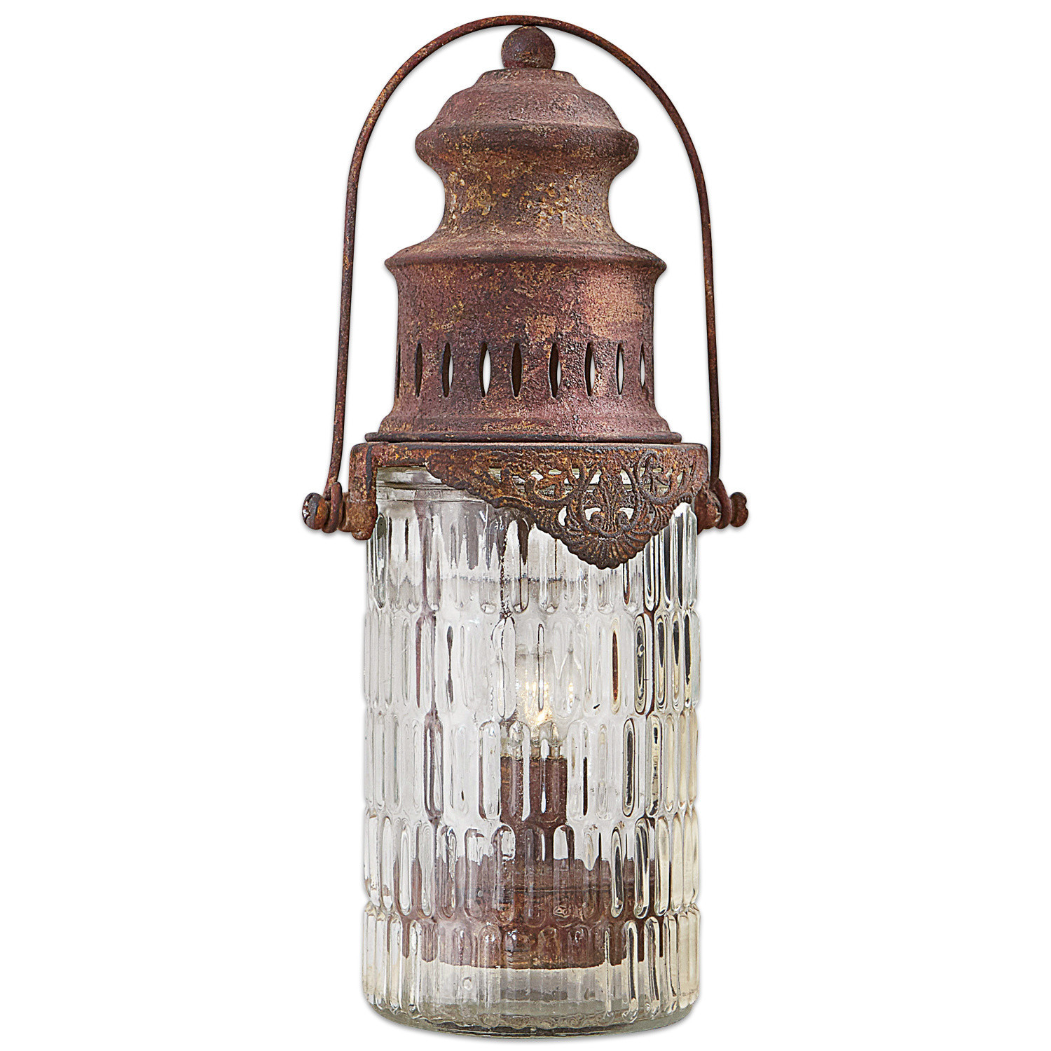 Rustikale Laterne aus Metall und Glas in Braun, dekorative Garten- oder Terrassenlampe