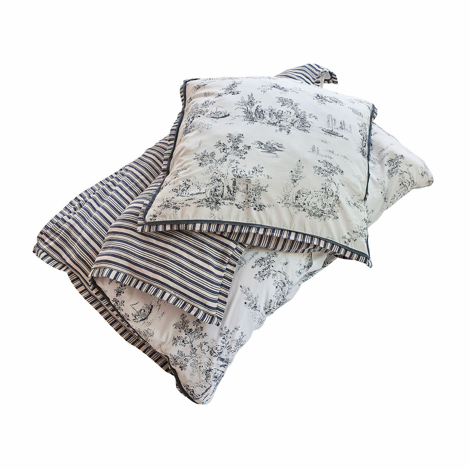 Bettwäsche-Set aus Baumwolle in Weiß und Marineblau mit Landschaftsmotiven und Streifen, dekoratives Schlafzimmer-Set