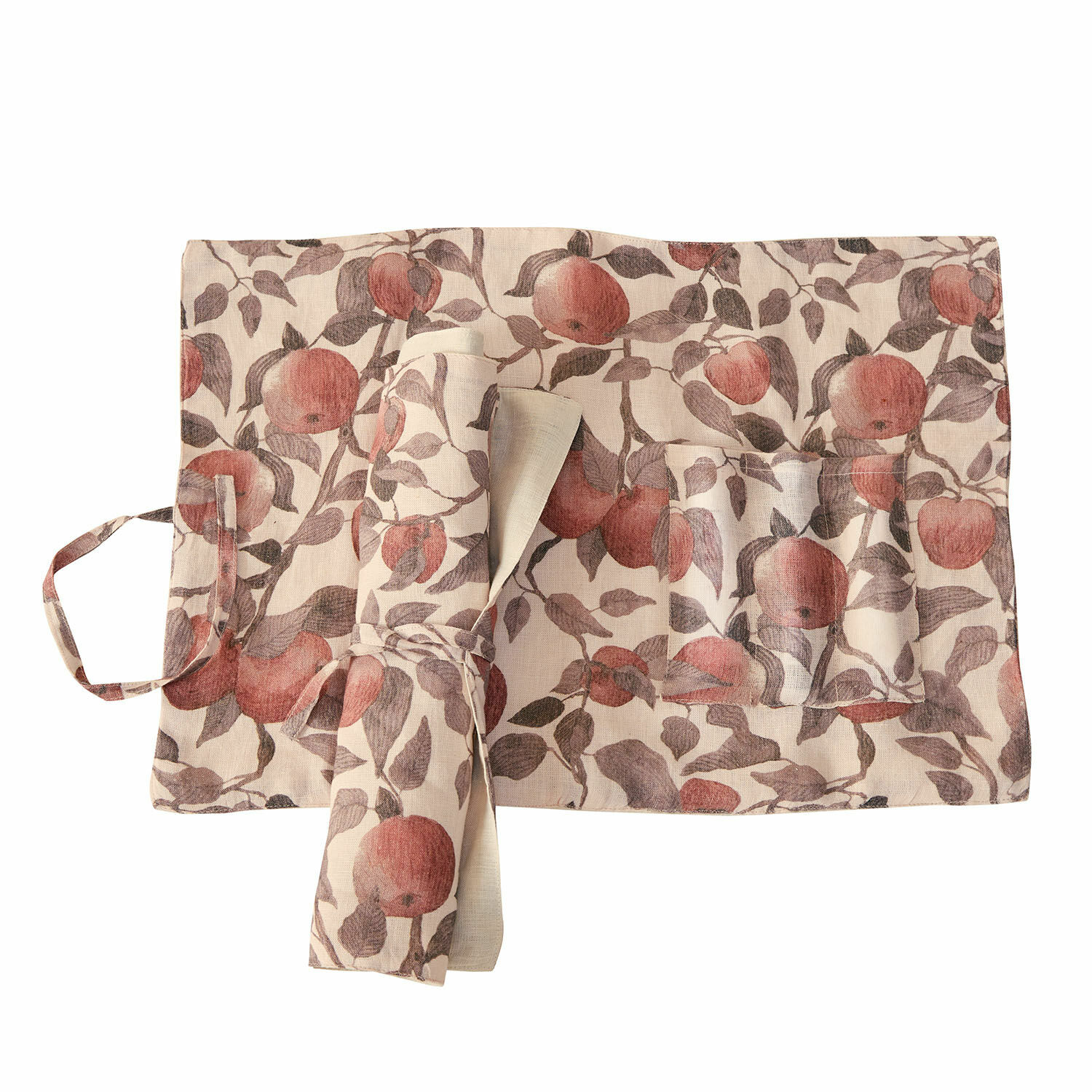 Platzset 2er Set Zaveline Beiger Leinen-Schürze mit rotem Apfelmuster und Taschen, Küchenaccessoire