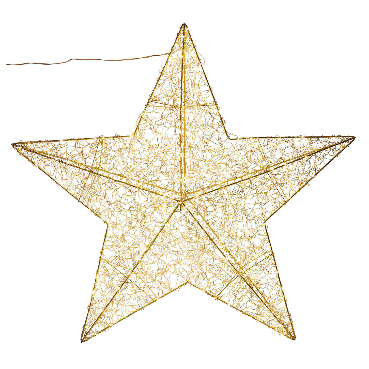 Dekorativer Stern aus goldenem Draht mit Lichterkette, ideal für festliche Weihnachtsbeleuchtung