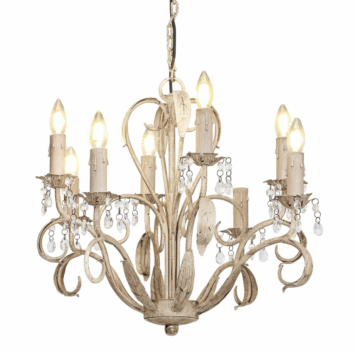 Vintage Metall-Kronleuchter in Creme mit Kristallanhängern und acht dekorativen Kerzenlampen