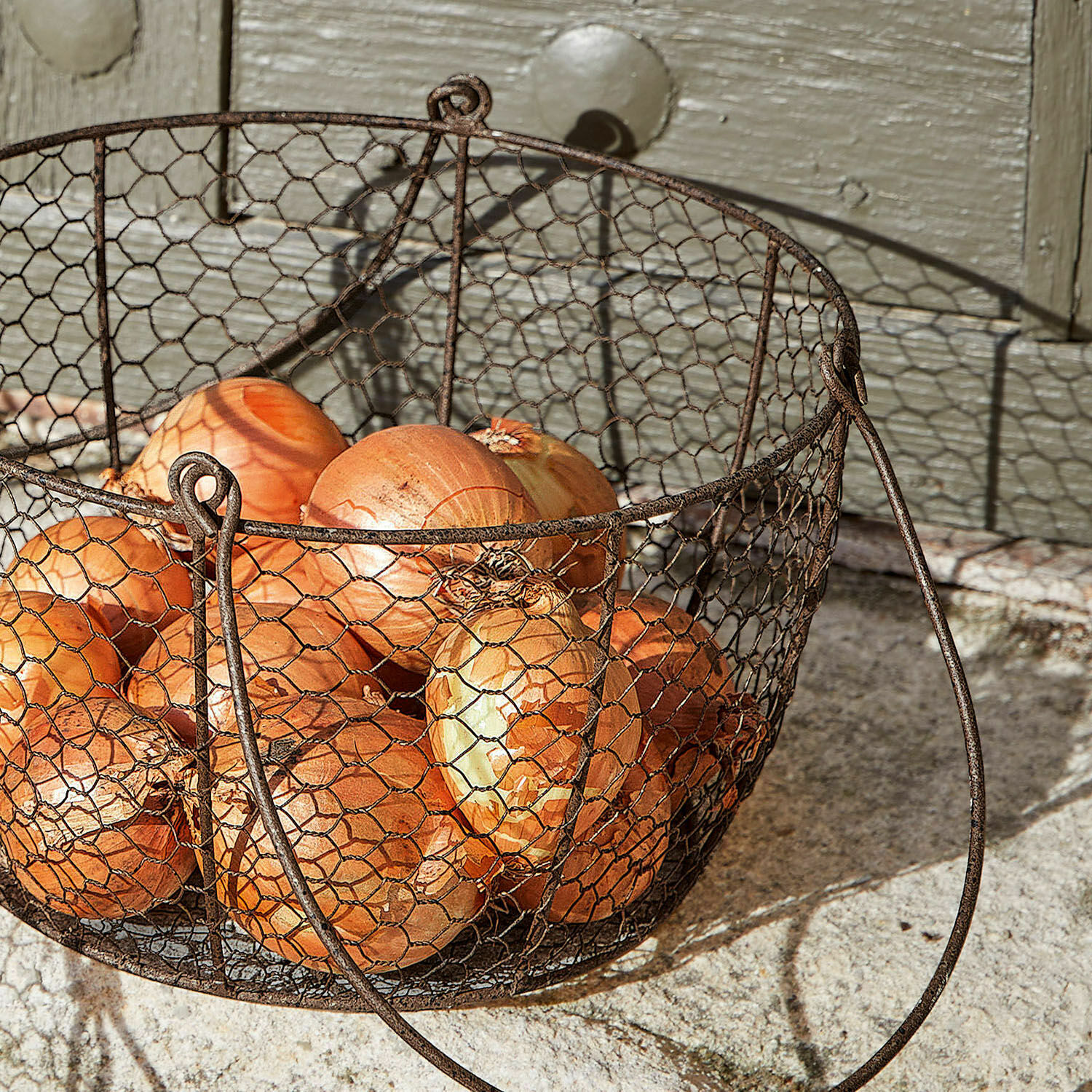 Metallkorb mit rostiger Drahtstruktur gefüllt mit Zwiebeln, rustikale Gemüseaufbewahrung