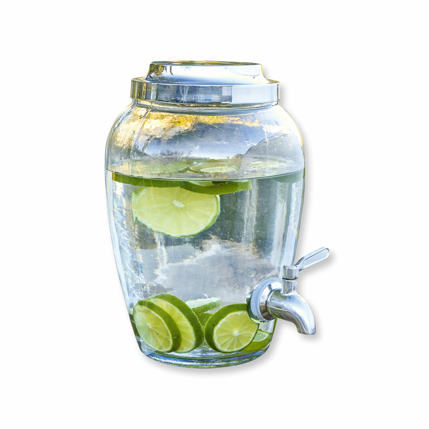 Getränkespender Avrilla Glasgetränkespender mit Metallhahn, Wasser mit Limettenscheiben, ideal zum Servieren von Getränken