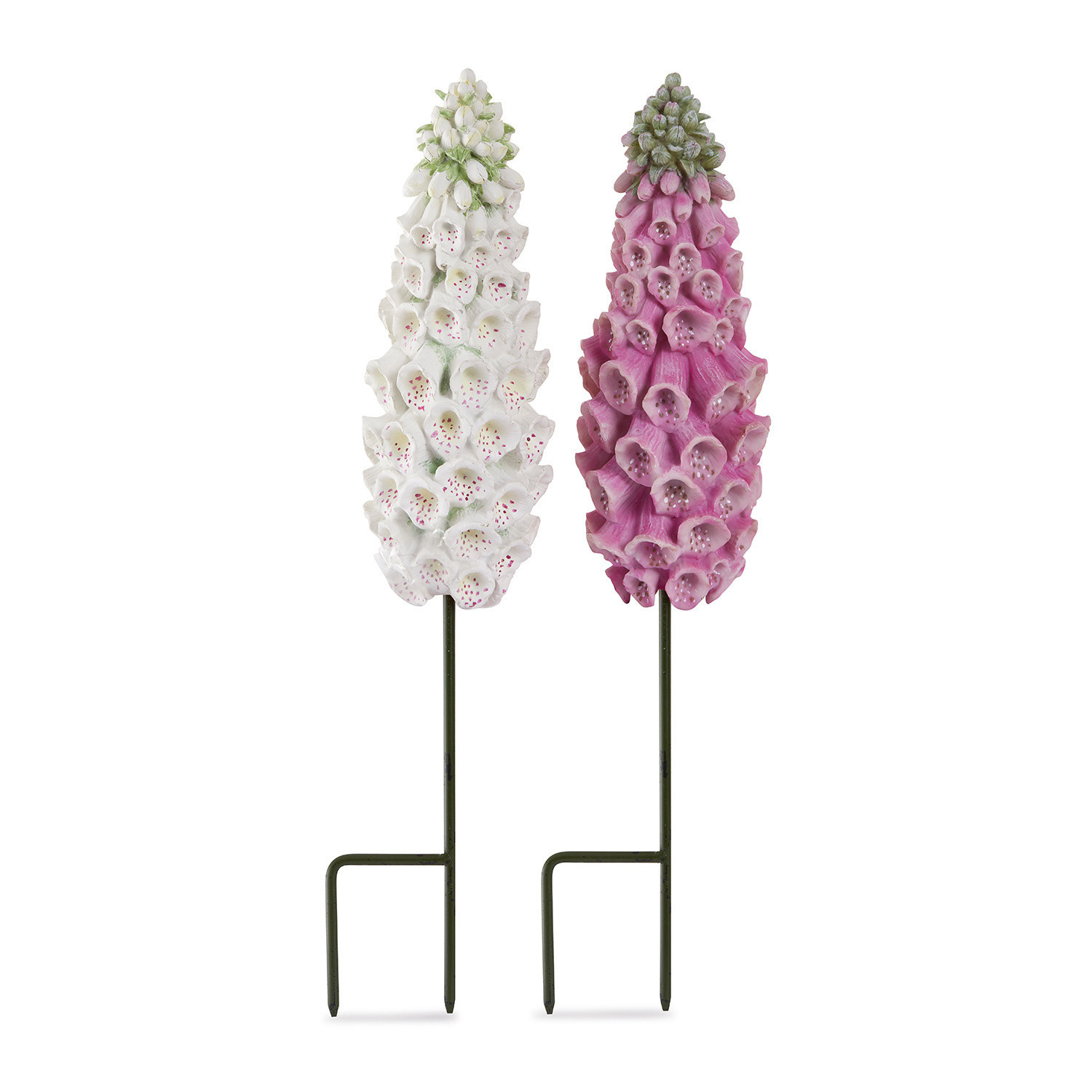 Dekorative künstliche Blumen in Weiß und Rosa auf Metallspießen für den Garten