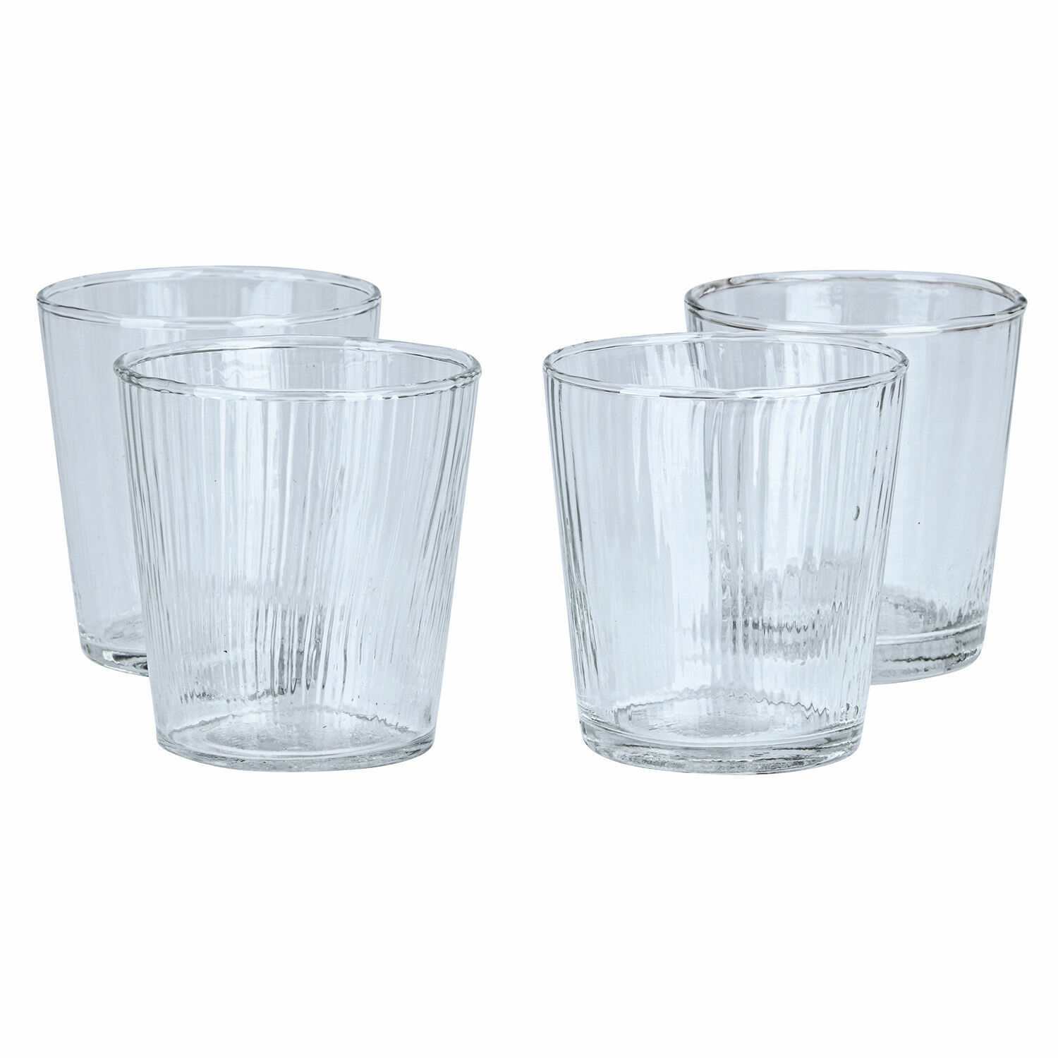 Set aus vier transparenten Trinkgläsern aus geriffeltem Glas, vielseitige Gläser für Zuhause