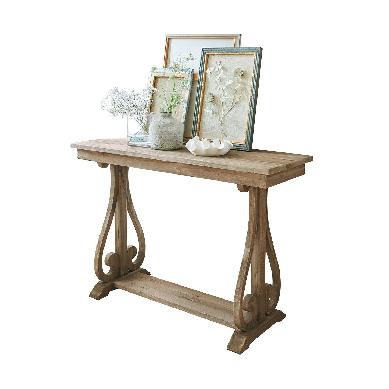 Konsole Chavignac Holzkonsole mit dekorativen Beinen und Vintage-Dekorationen auf der Tischplatte
