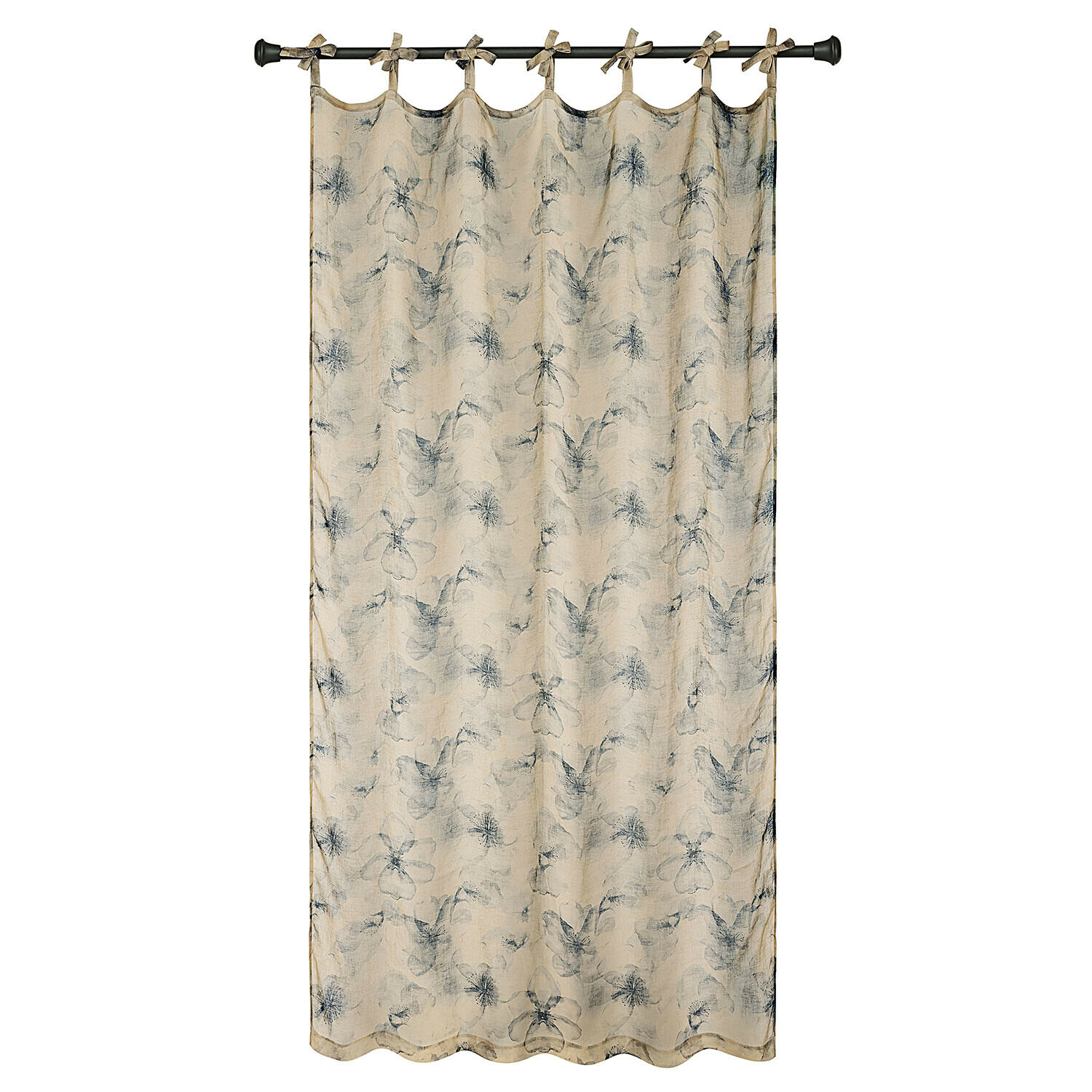 Beiger Vorhang mit zartem blauem Blumenmuster aus leichtem Stoff, dekorativer Fensterschmuck