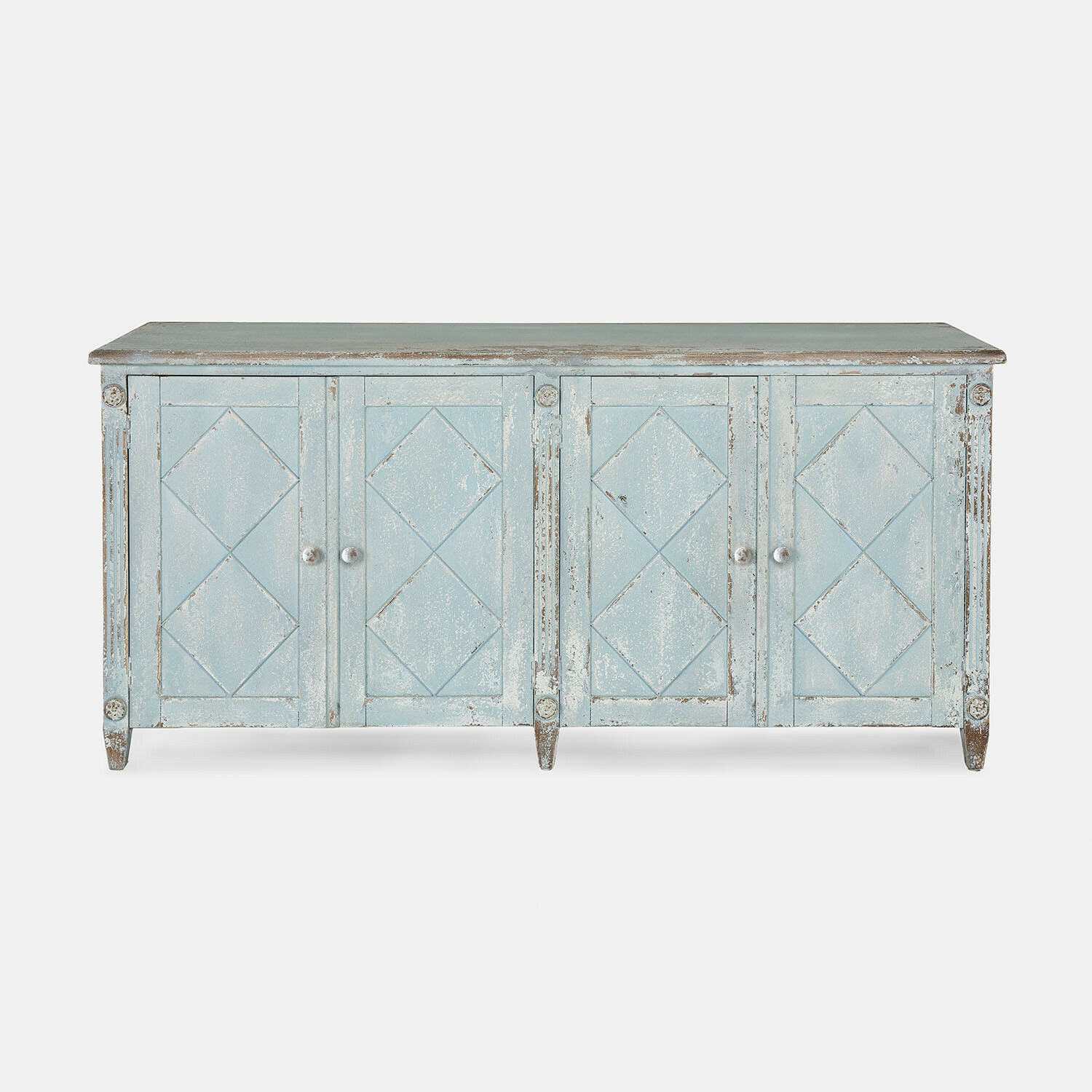 Kommode Resplandor Blaue Holzkommode mit Vintage-Finish und geometrischem Design auf den Türen