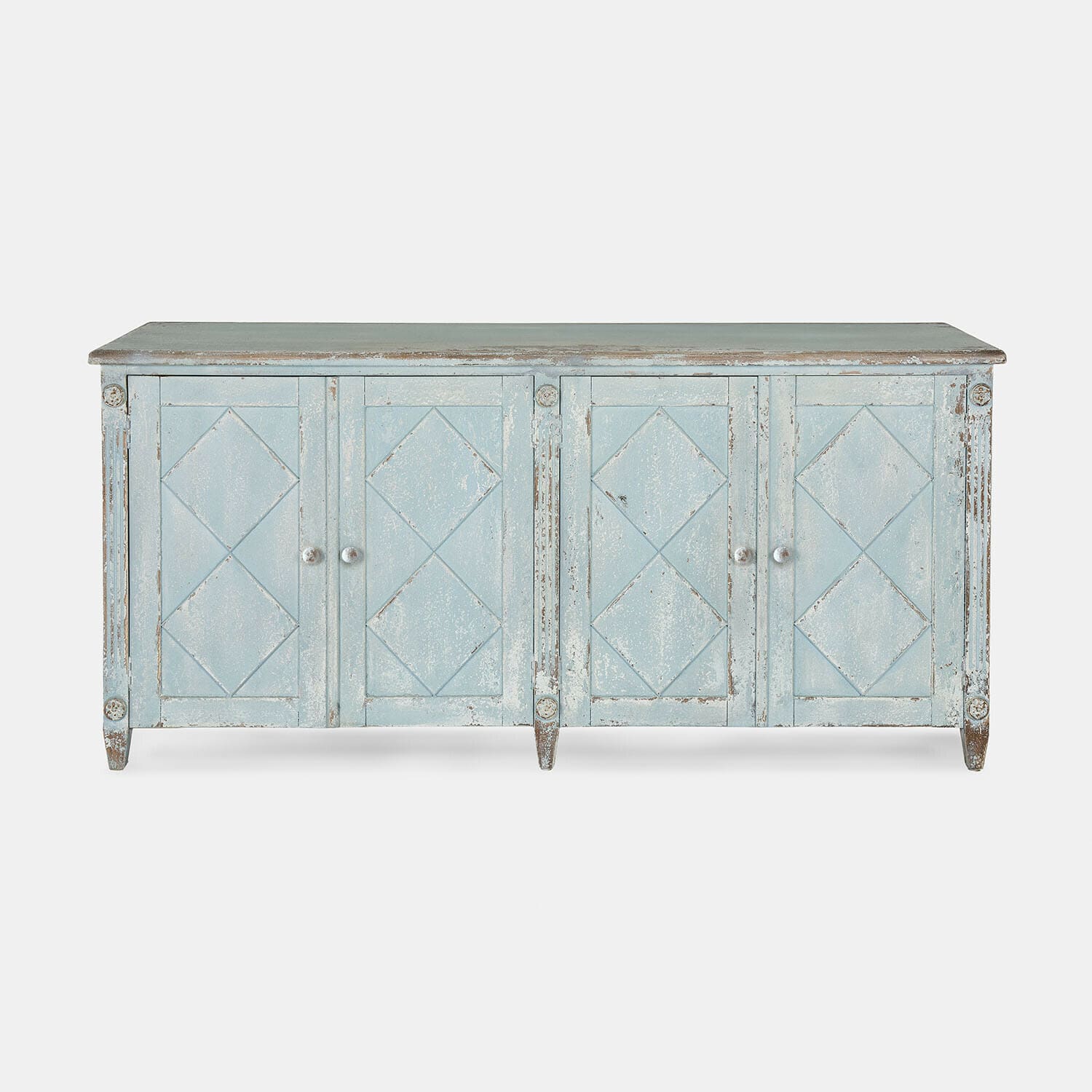 Kommode Resplandor Blaue Holzkommode mit Vintage-Finish und geometrischem Design auf den Türen