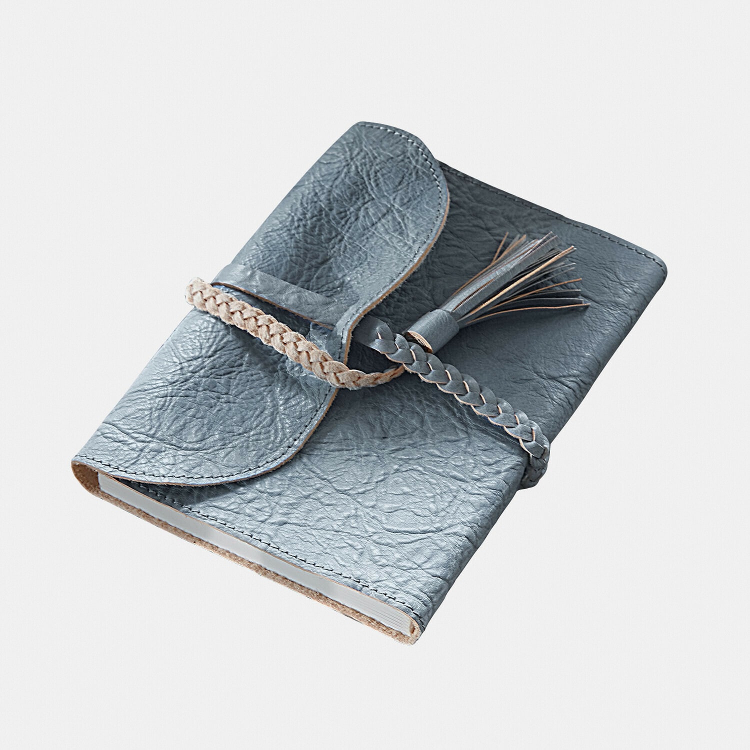Notizbuch Larkwin Graues Notizbuch aus weichem Leder mit geflochtenem Riemen und Quaste, elegantes Schreibbuch