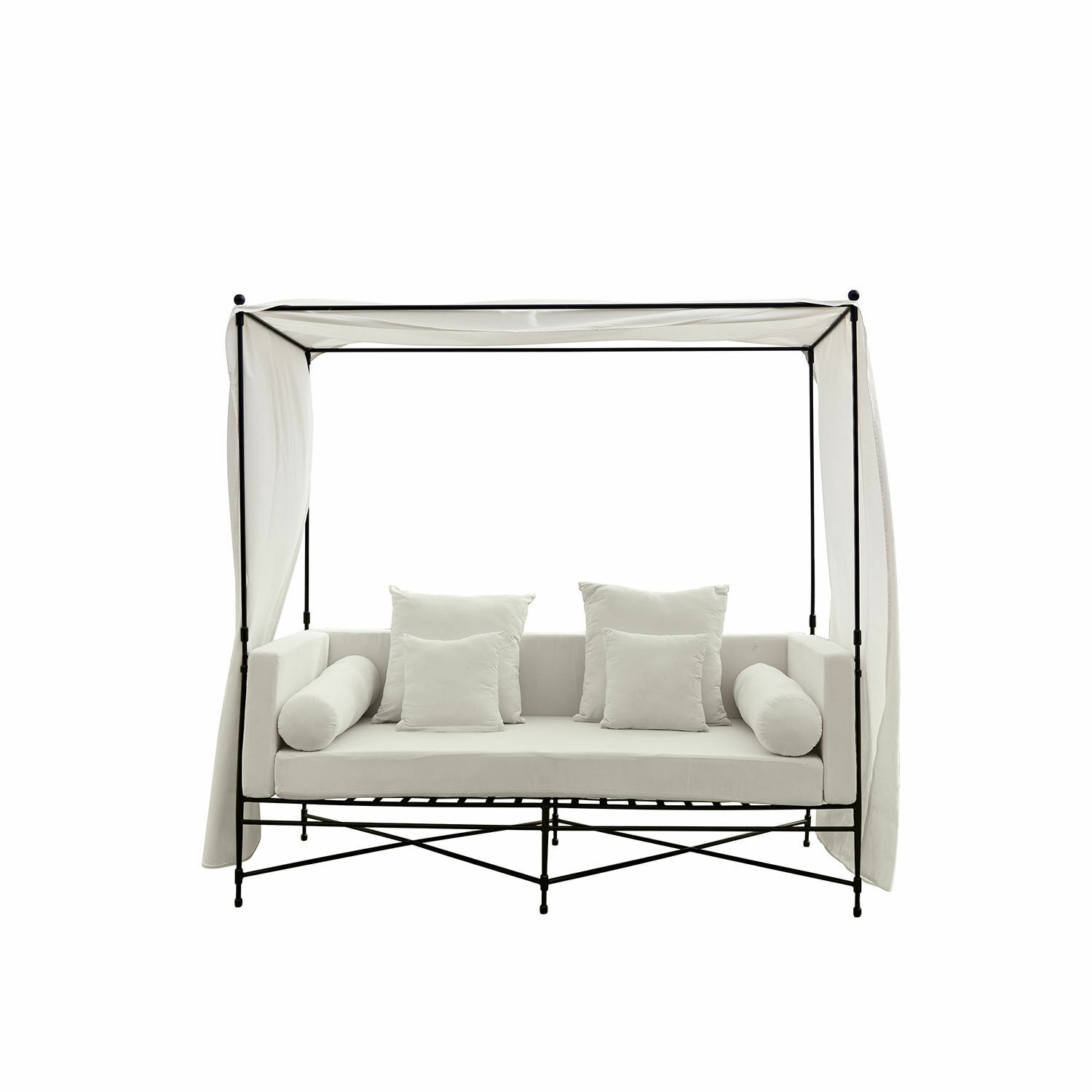 Weiße Sofa mit Metallrahmen und Baldachin, weiche Kissen und Rollen, Gartenmöbel