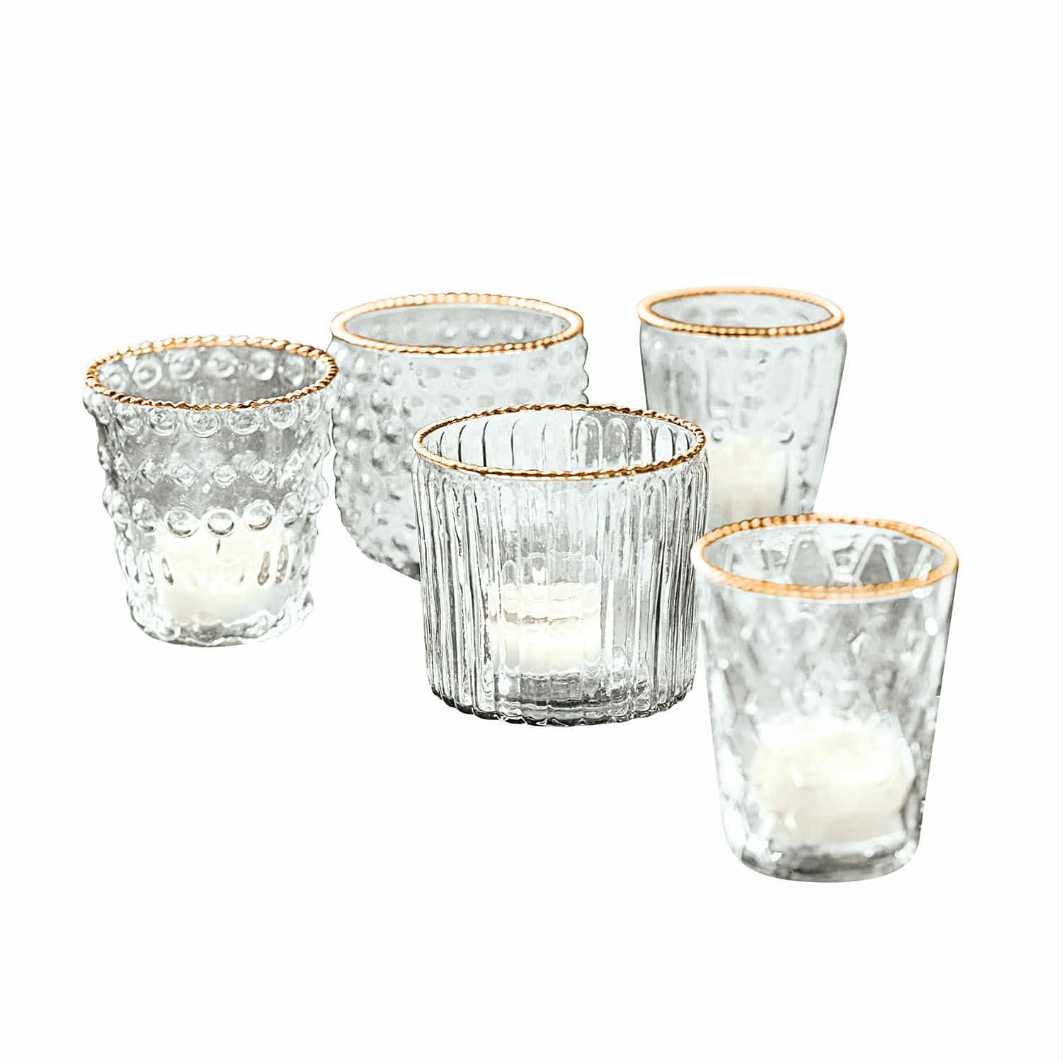 Windlicht 5er Set Jarnac Fünf Glas-Teelichthalter mit goldfarbenem Rand und unterschiedlichen Glasstrukturen
