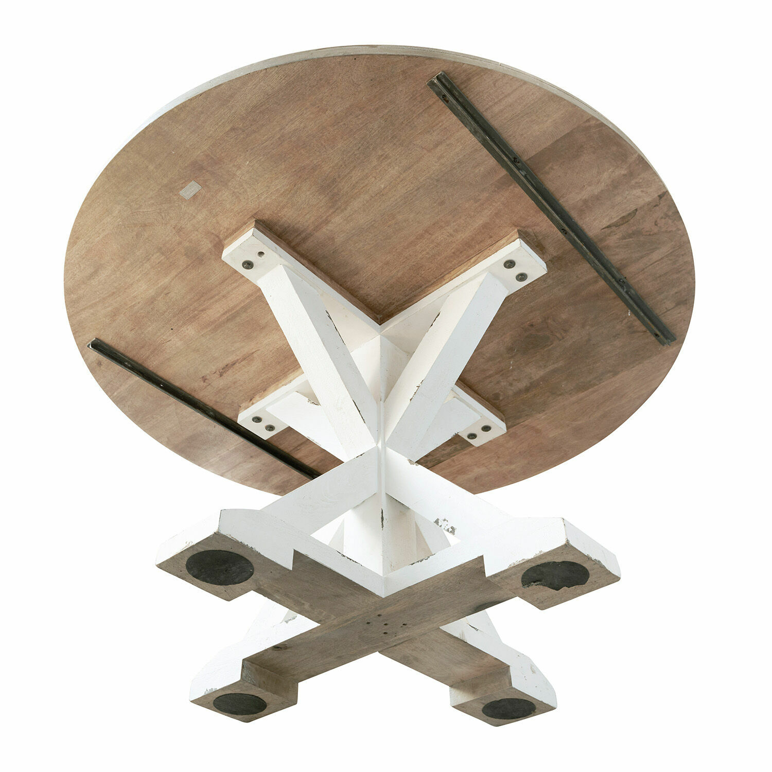 Runder Holztisch mit weißem Gestell und naturfarbenem Tischplatte, Esszimmermöbel