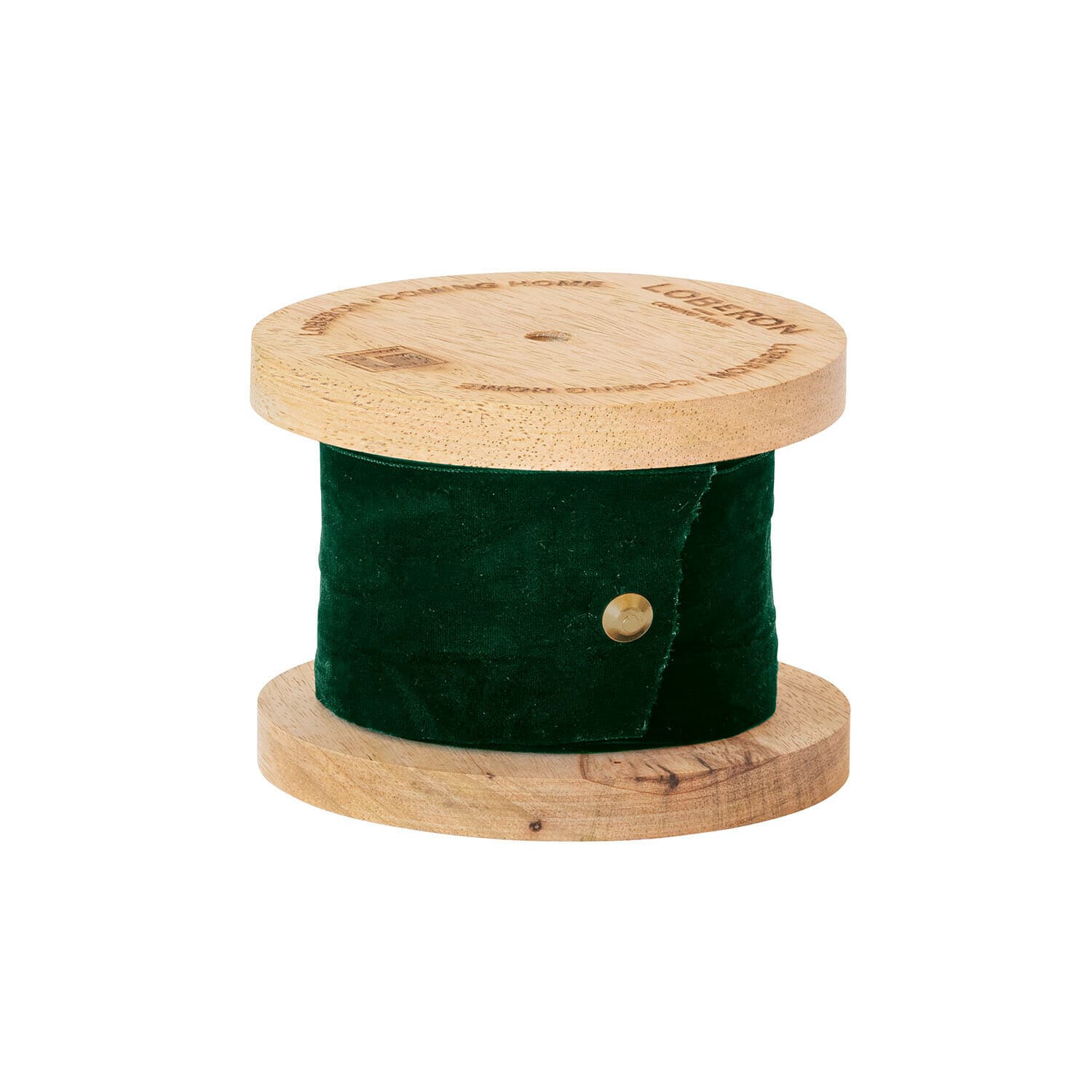 Holzspule mit dunkelgrünem Samt, natürliche Wohnaccessoire aus Holz und Stoff