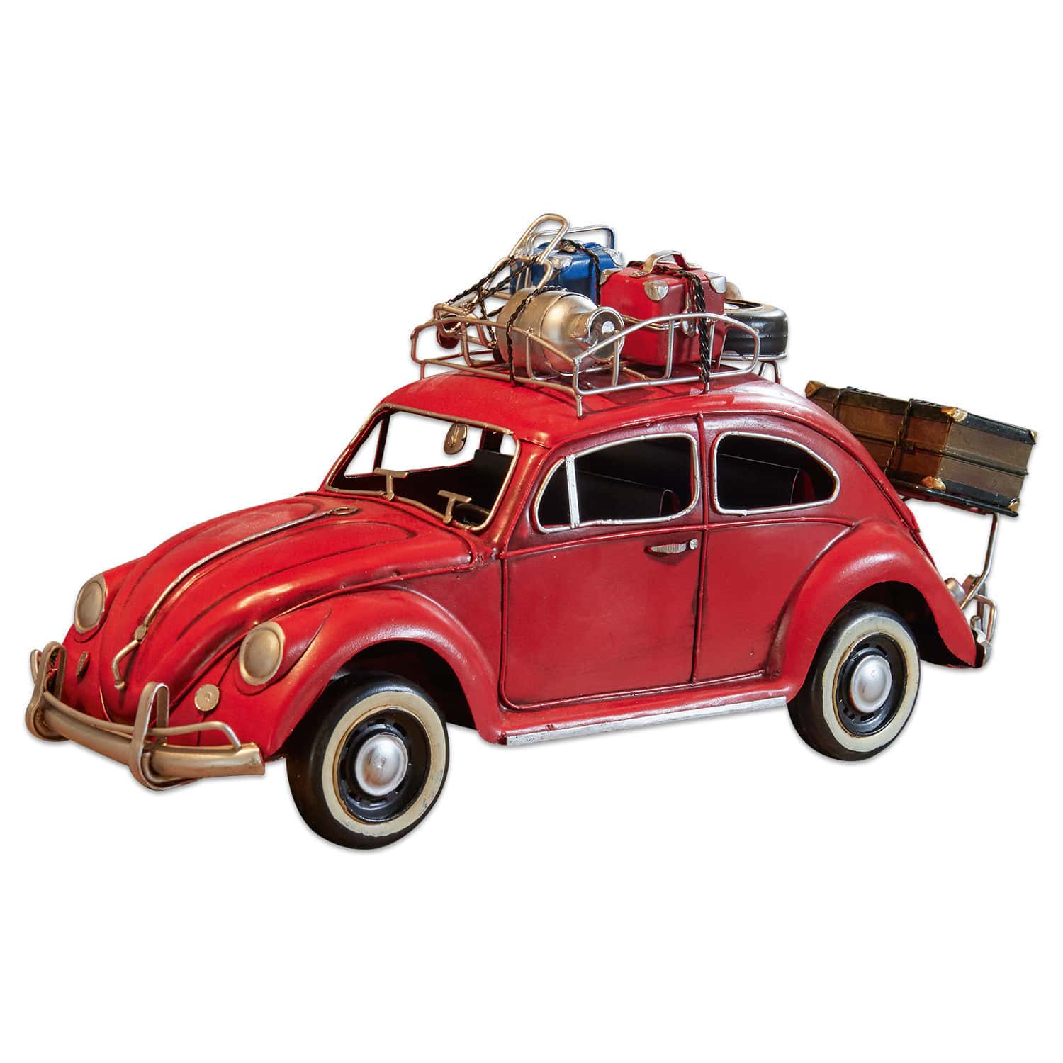 Rotes Metallmodellauto mit Gepäck auf dem Dach und Anhänger, Retro-Dekoration