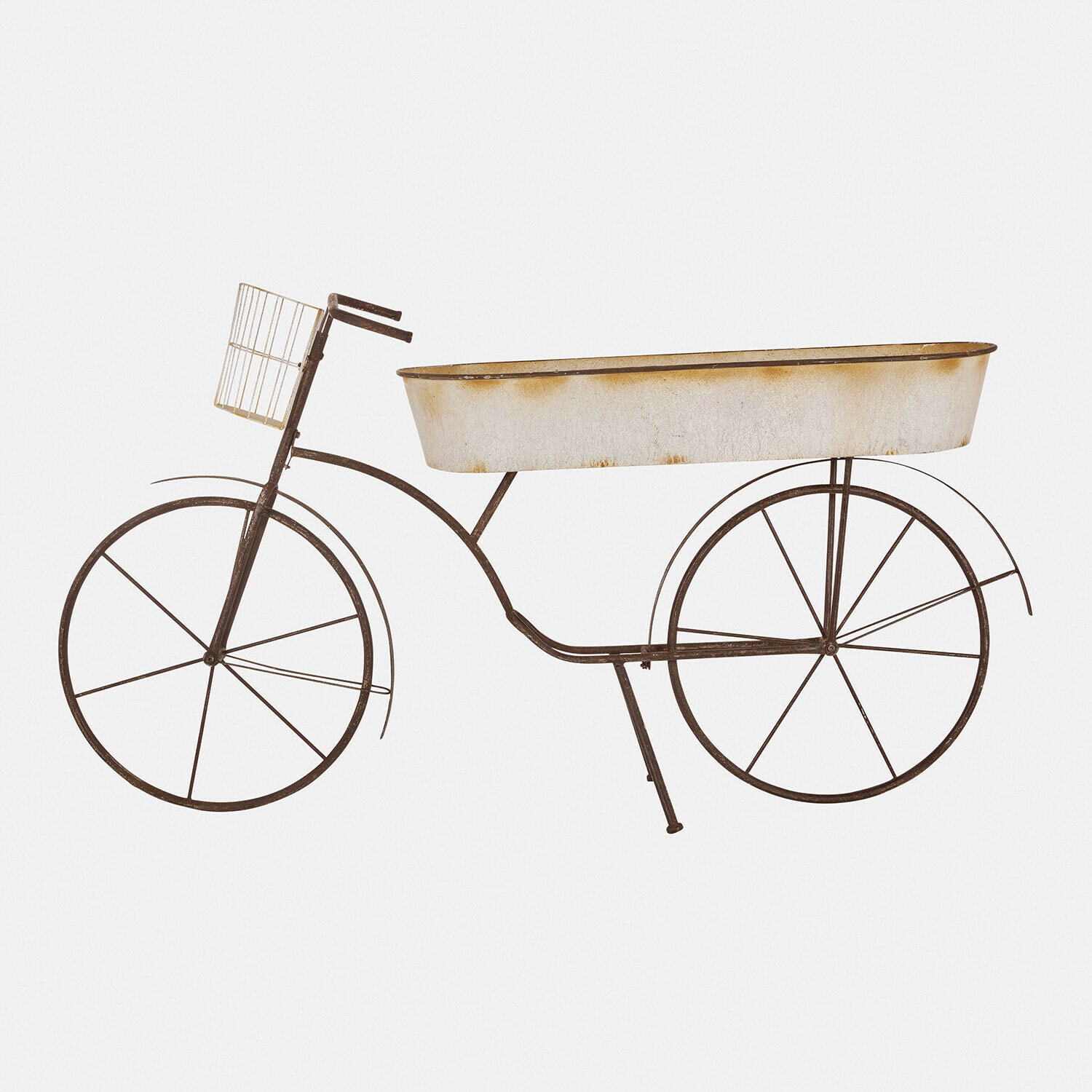 Pflanztisch Donnérie Dekoratives Metallfahrrad mit weißem, gealtertem Kasten in der Mitte, rustikaler Stil