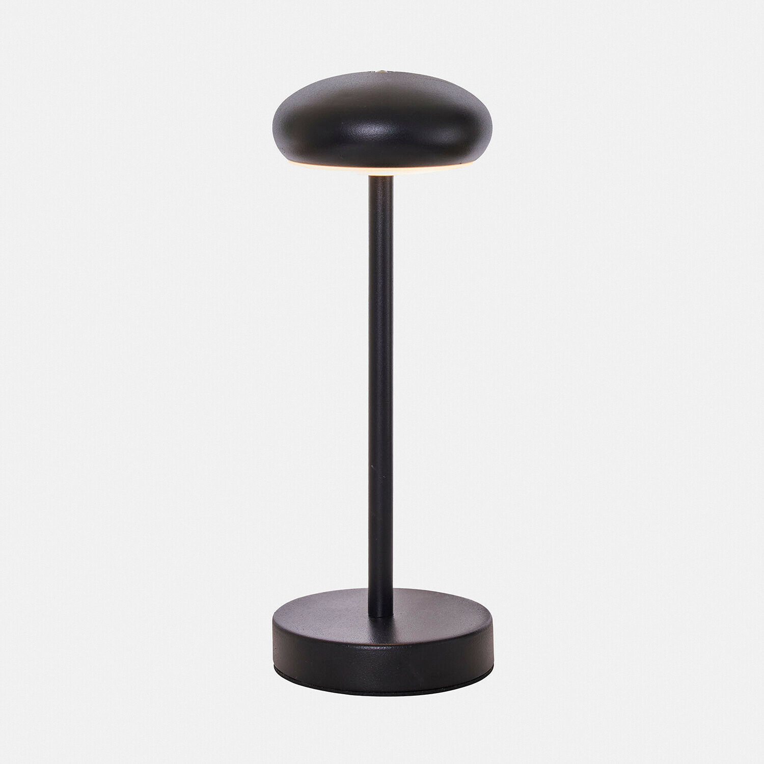 Moderne schwarze Metall-Tischlampe mit runder Basis und Lampenschirm, minimalistisches Design