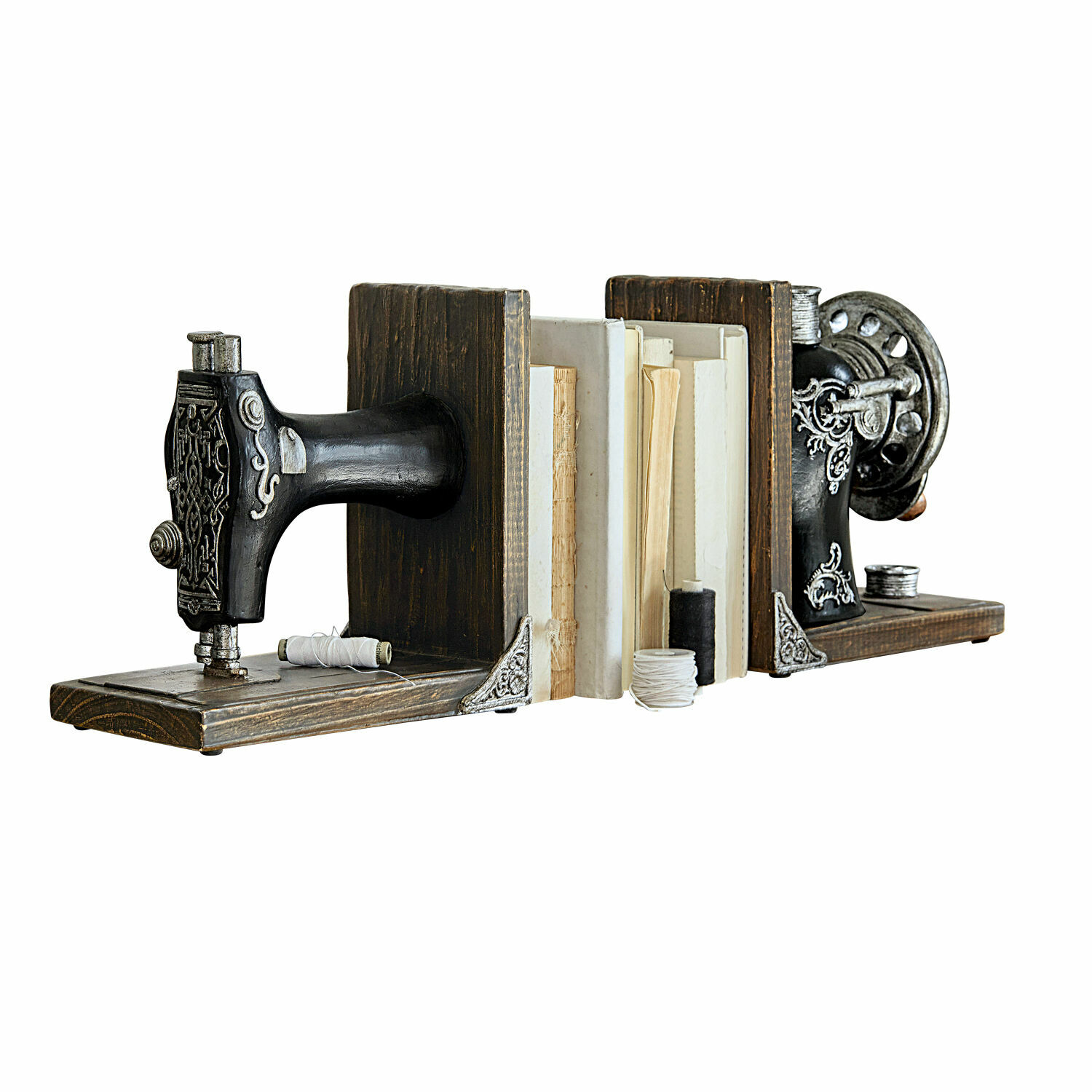 Buchstützen in Form einer schwarzen Nähmaschine aus Holz und Metall, dekorative Wohnaccessoires