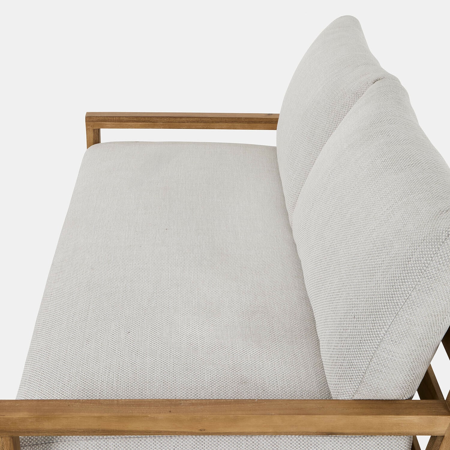 Sofa aus hellgrauem Stoff mit Holzarmlehnen, modernes Wohnzimmermöbel für Komfort