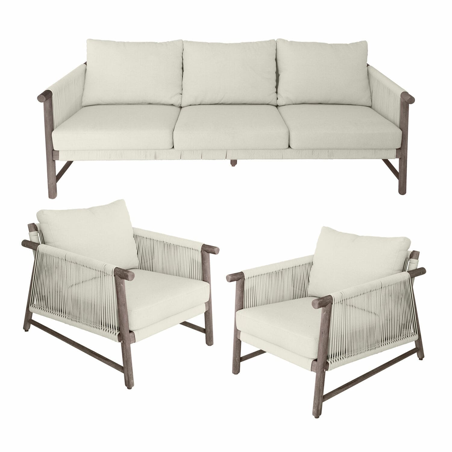 Sitzgarnitur mit hellbeigem Stoff und Holzrahmen, modernes Design für gemütliches Wohnzimmer