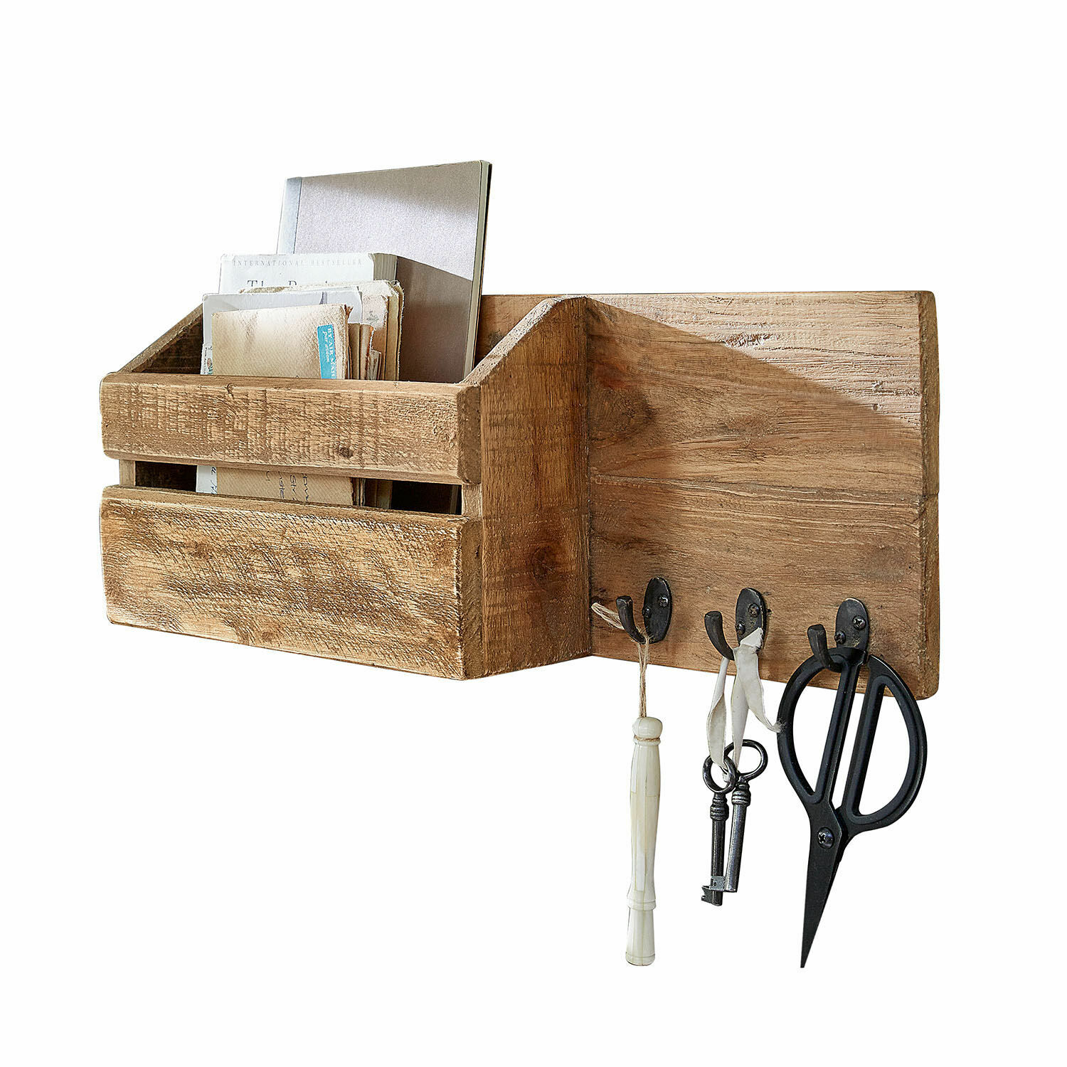 Wandorganizer aus Holz in Naturfarbe mit Haken für Schlüssel und Schere, praktischer Aufbewahrer