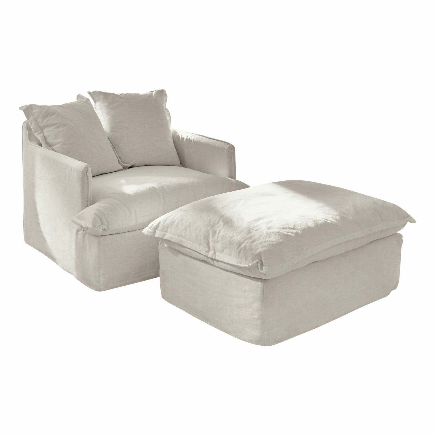 Sessel mit Hocker Avignon Bequemer Sessel mit Hocker aus hellbeigem Leinen, ideal zum Entspannen im Wohnzimmer
