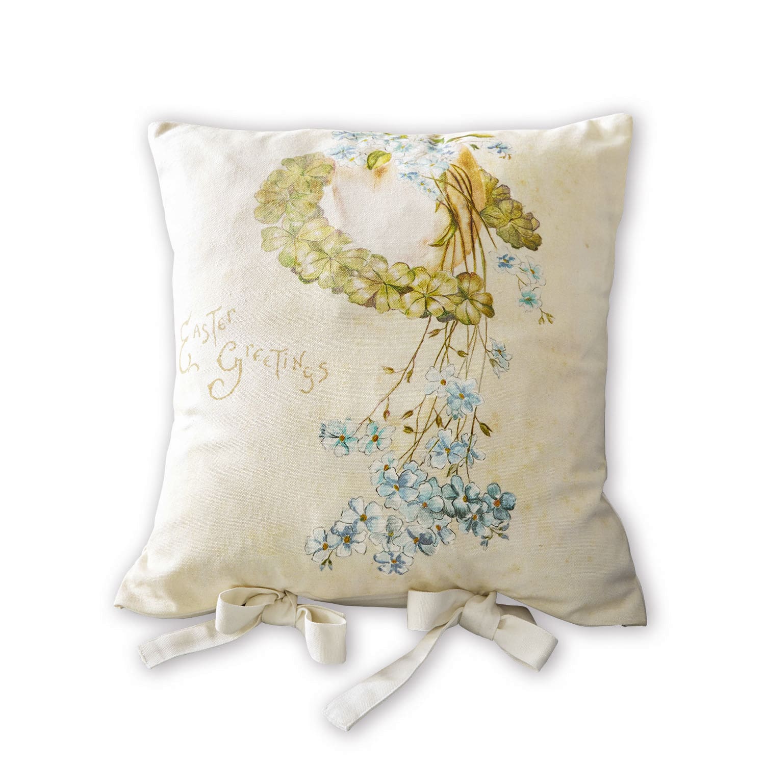 Kissenhülle Fierolla Beige Baumwollkissen mit Blumenmotiv und Schriftzug Easter Greetings, dekoratives Kissen im Vintage-Stil